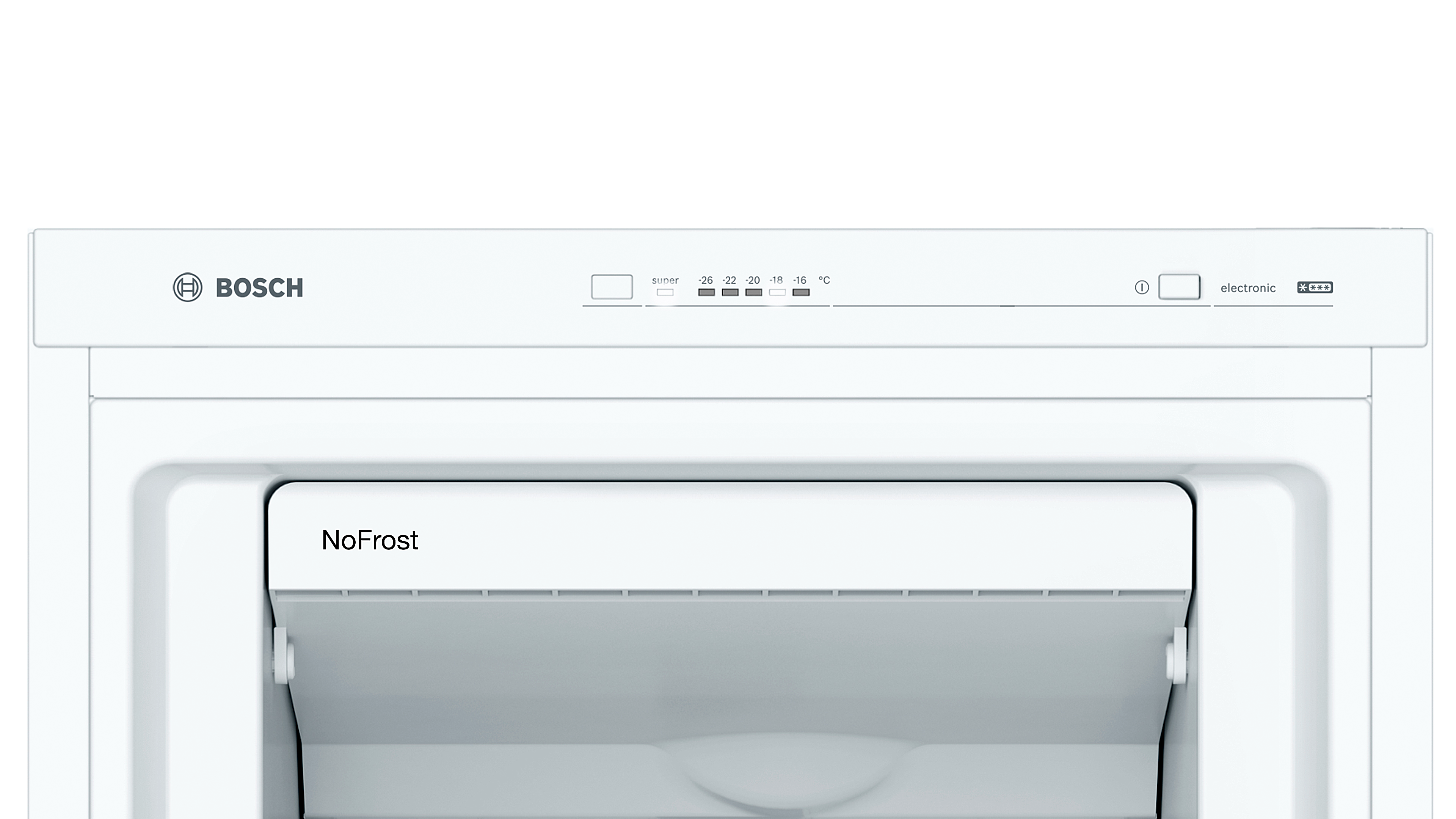 Nahaufnahme einer weißen Kühlschranktür mit Bosch-Logo und internen Bedienelementen.