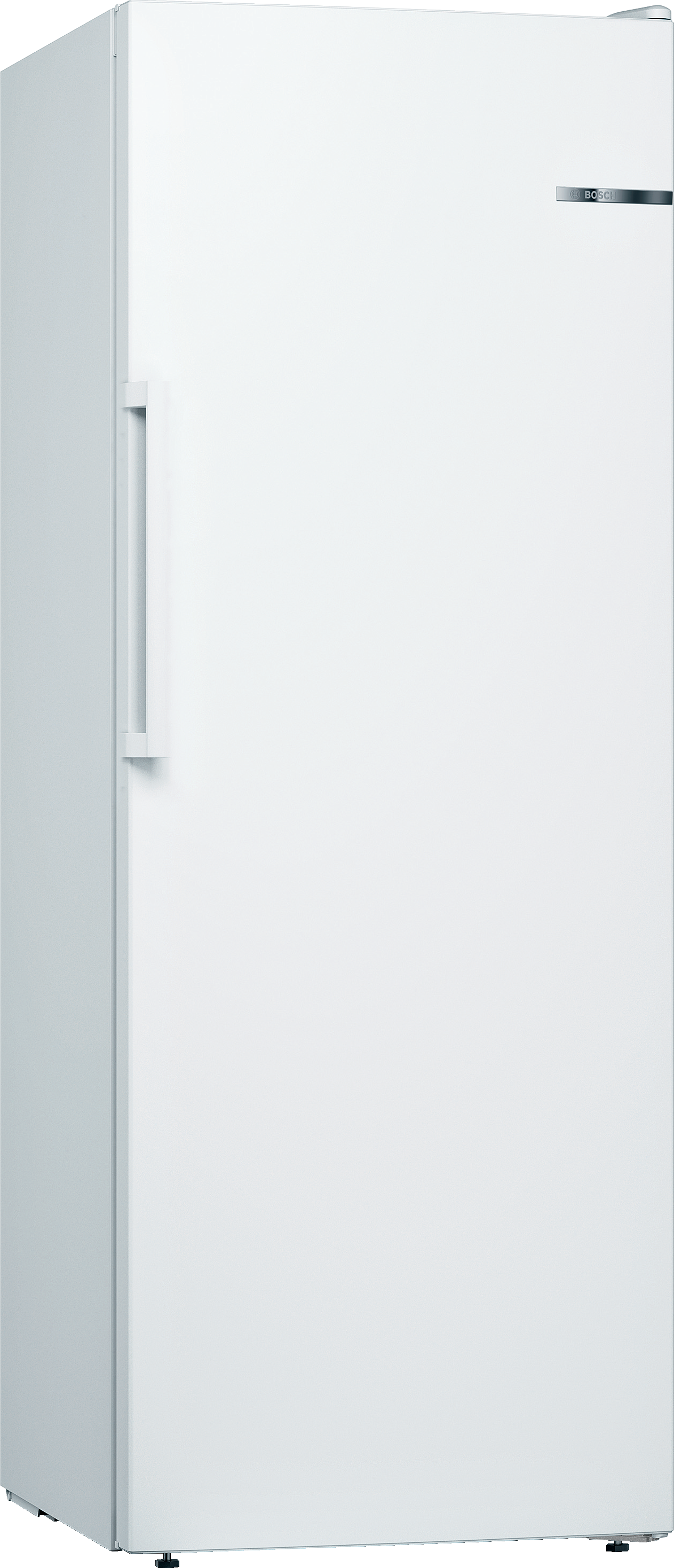 Ein hoher weißer Kühlschrank mit silbernem Griff und Bosch-Logo auf weißem Hintergrund.