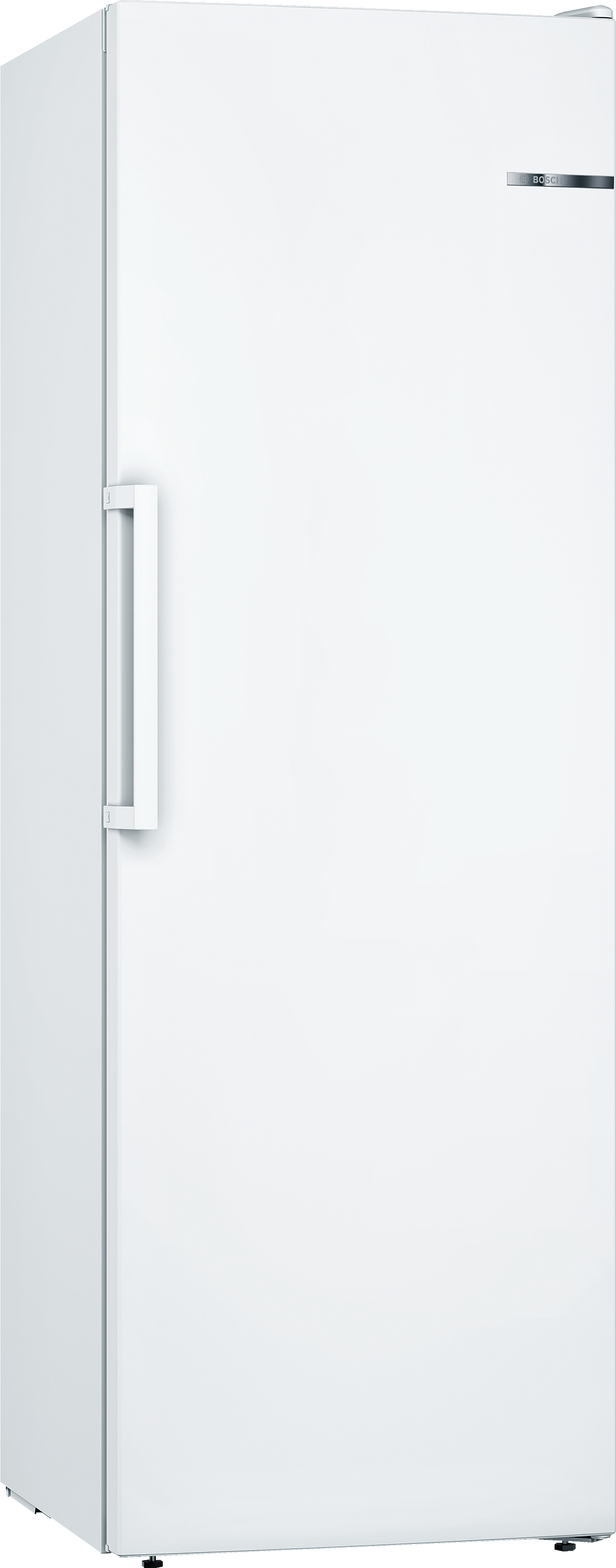 Ein weißer Kühlschrank mit Griff. Er ist hoch und hat ein einfaches, sauberes Design.