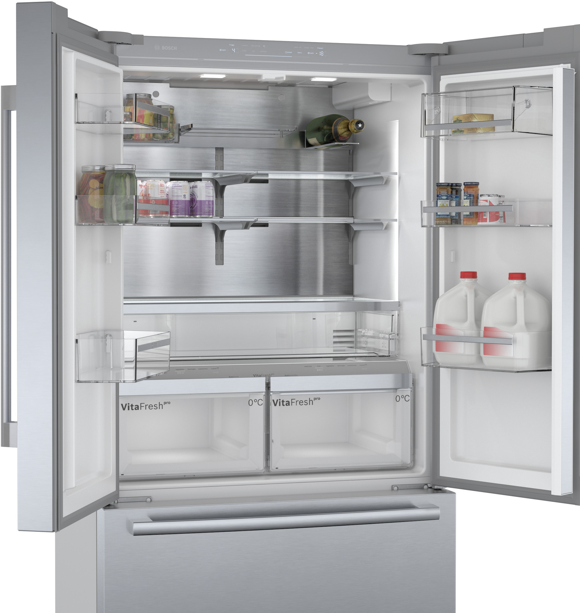 Offener Edelstahlkühlschrank mit Regalen, Schubladen und Lebensmitteln. Die VitaFresh-Schubladen sind sichtbar.
