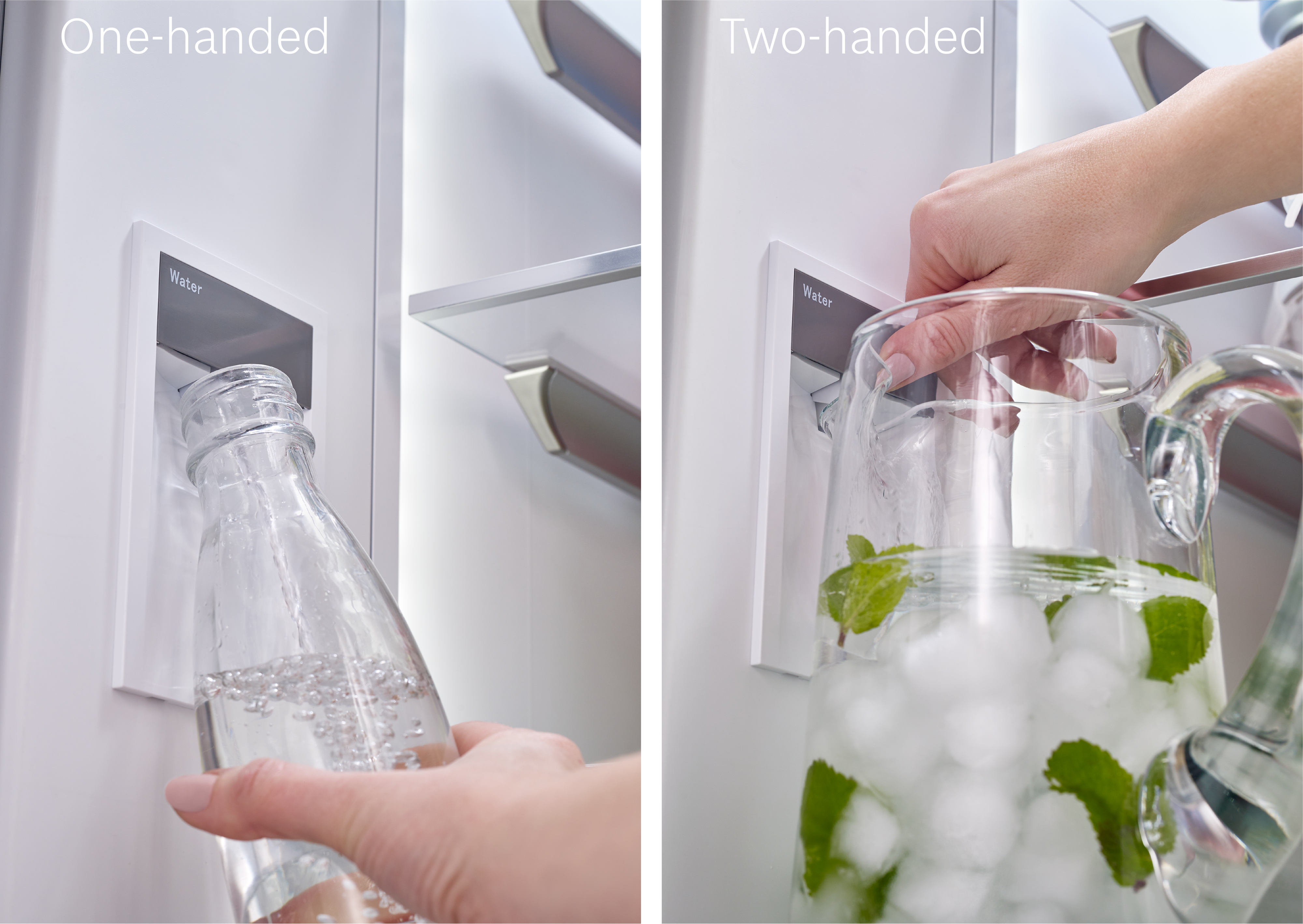 Zwei Bilder, die Wasserspender aus einem Kühlschrank zeigen, ein- und zweihändig.