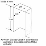 Diagramm mit Maßen für ein Einbaugerät mit den Abmessungen in mm.
