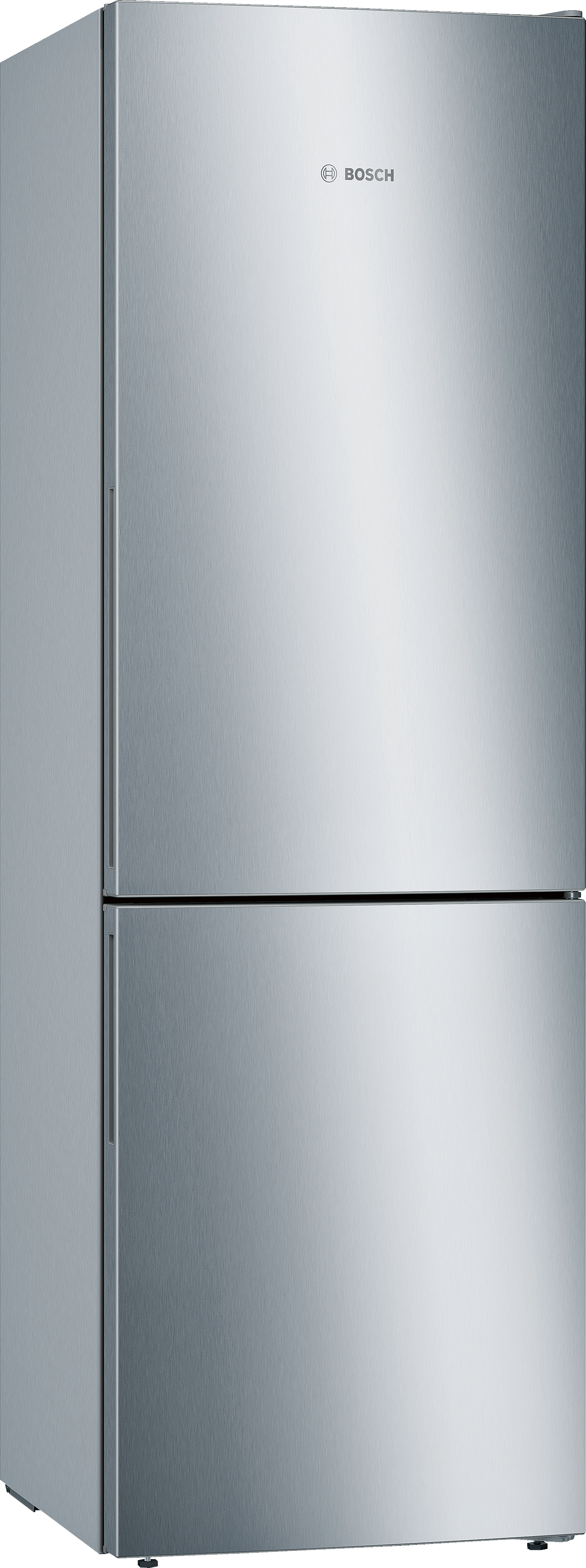 Edelstahlkühlschrank mit zwei Türen, oben und unten.