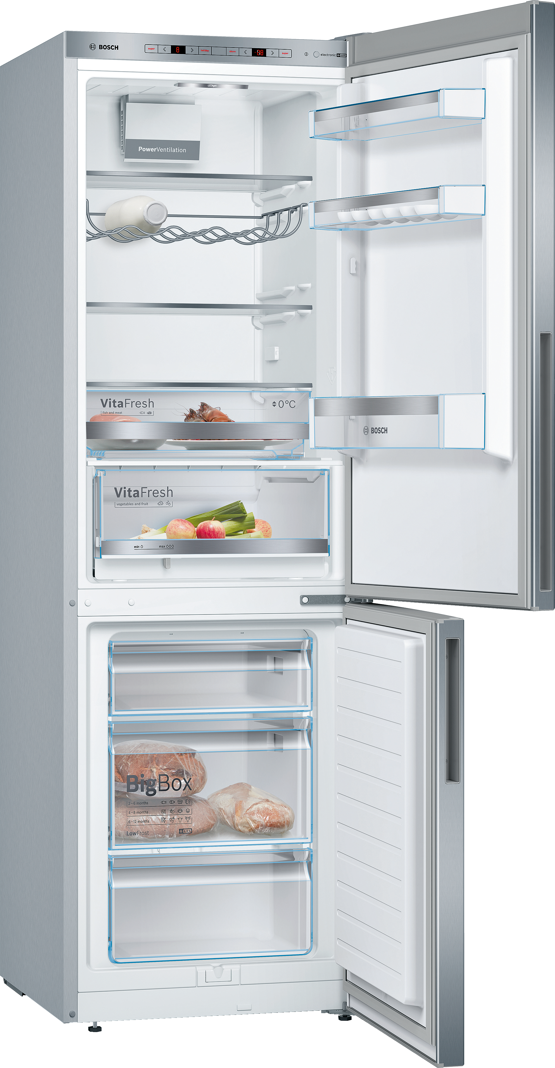 Offener Bosch-Kühlschrank. Kühl- und Gefrierschrank sind geöffnet, zeigen Regale und Schubladen.