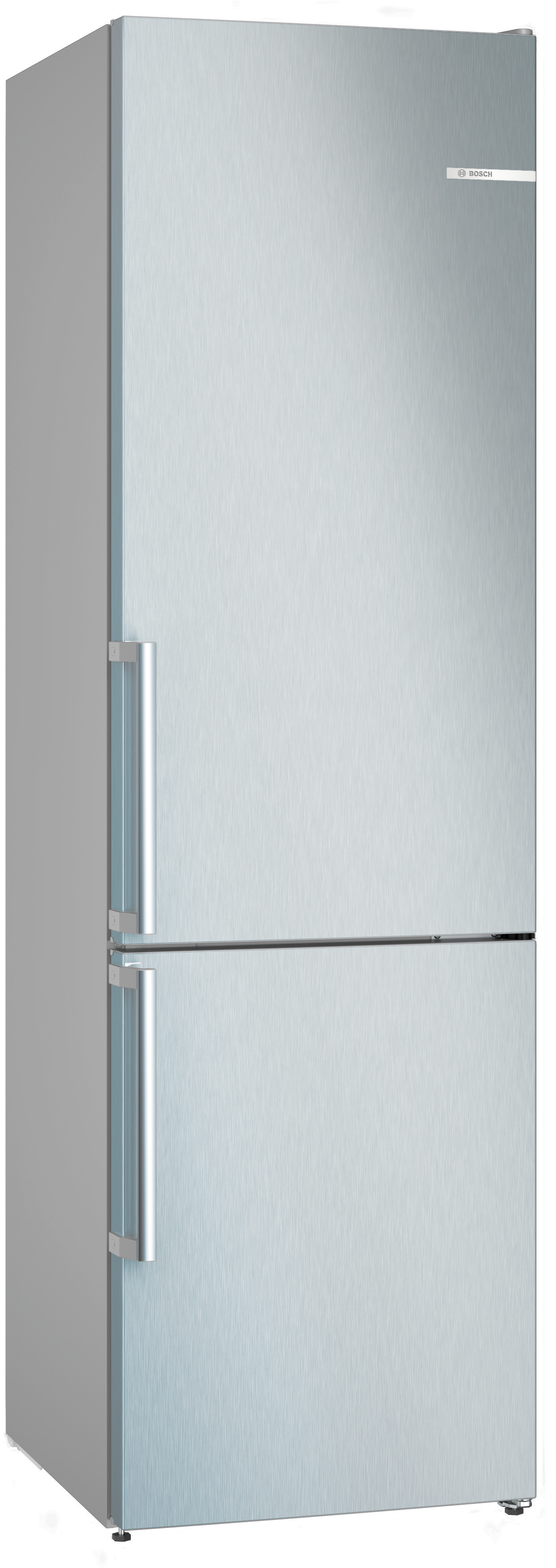 Hoher Kühlschrank aus Edelstahl mit zwei Türen und Griffen.