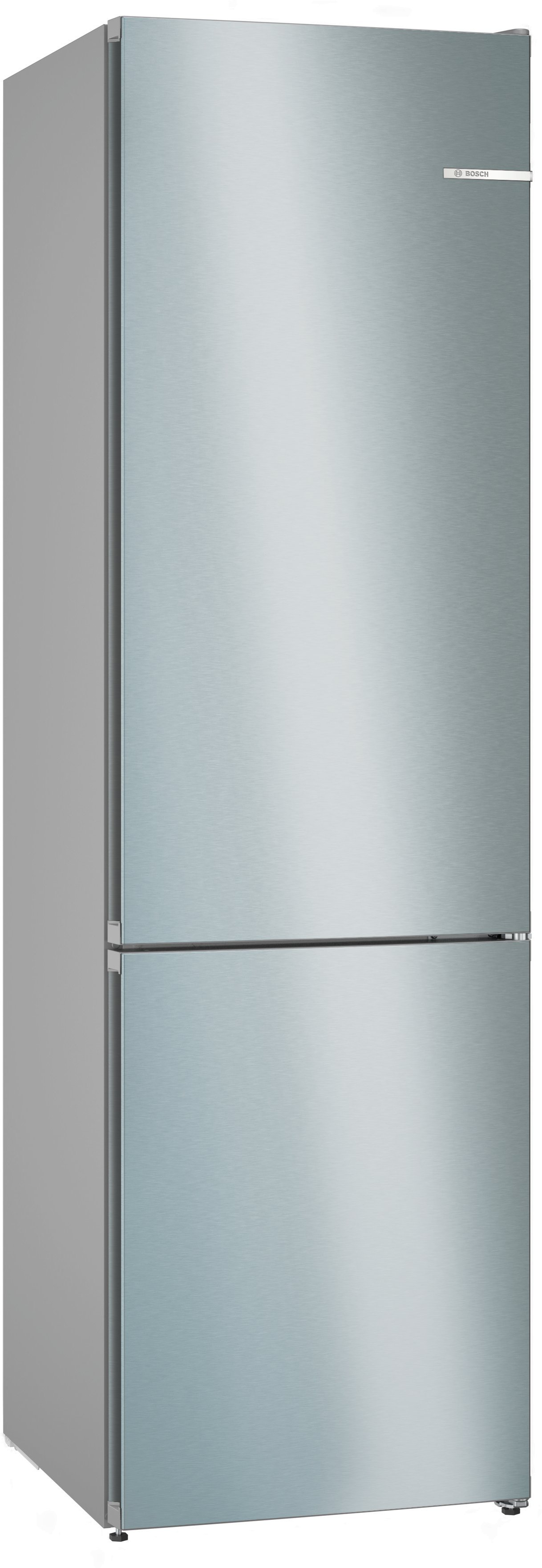 Ein Edelstahl-Kühlschrank von Bosch mit zwei Türen, auf weißem Hintergrund.