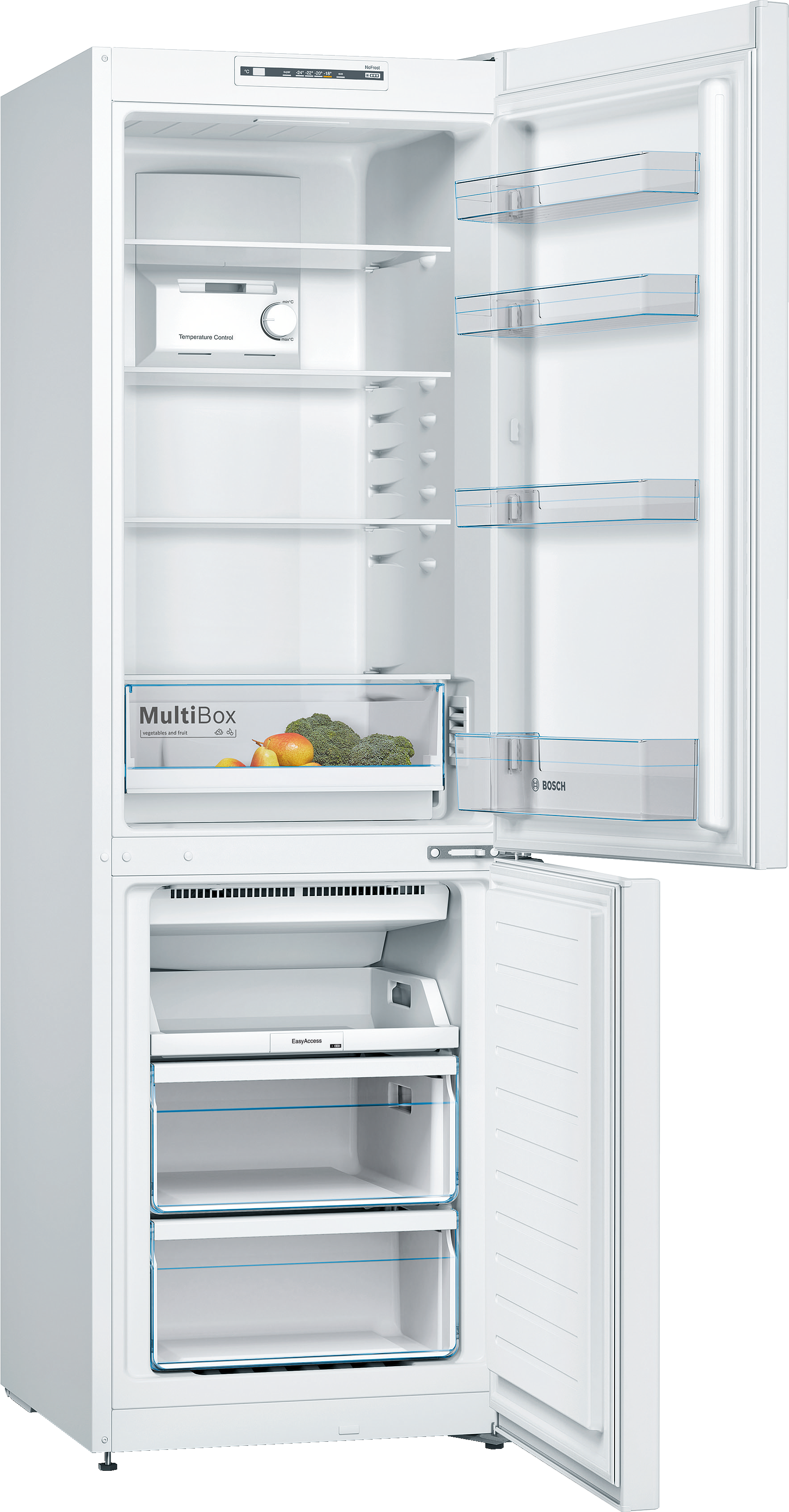 Offener weißer Kühlschrank mit zwei Gefrierschubladen und Regalen mit Lebensmitteln.