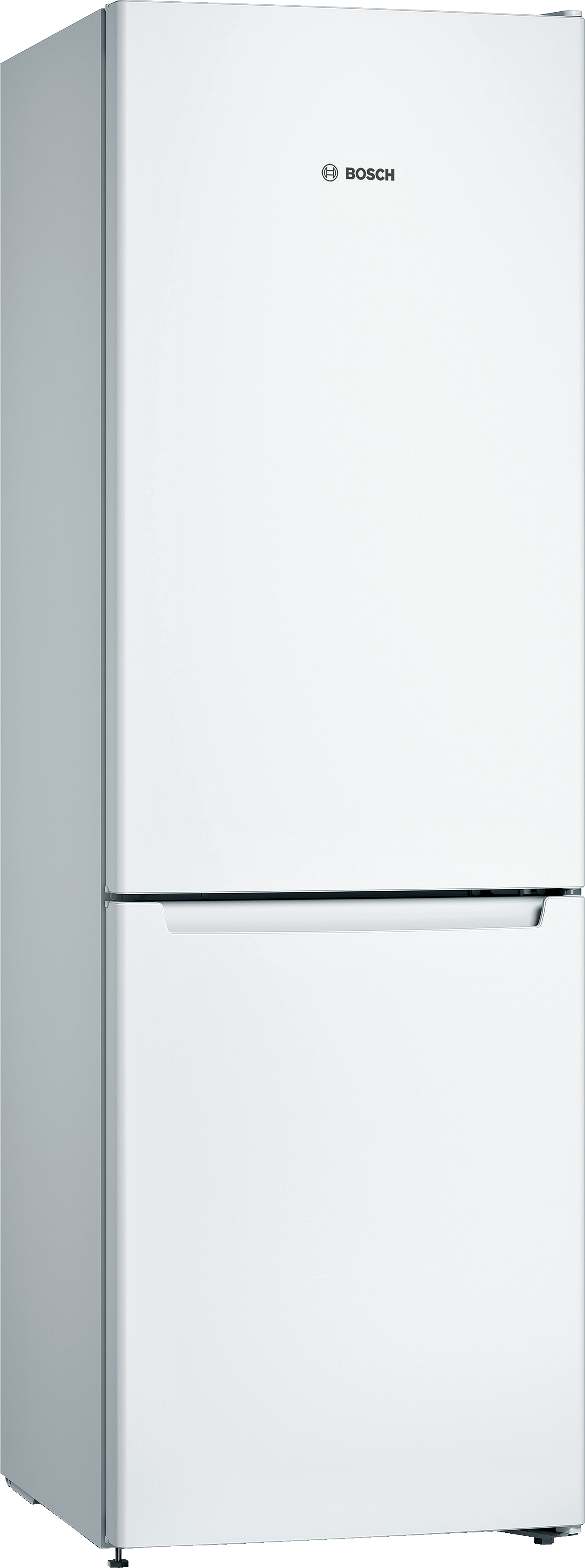 Ein weißer Kühlschrank. Er hat ein Gefrierfach unten und das Bosch-Logo oben.