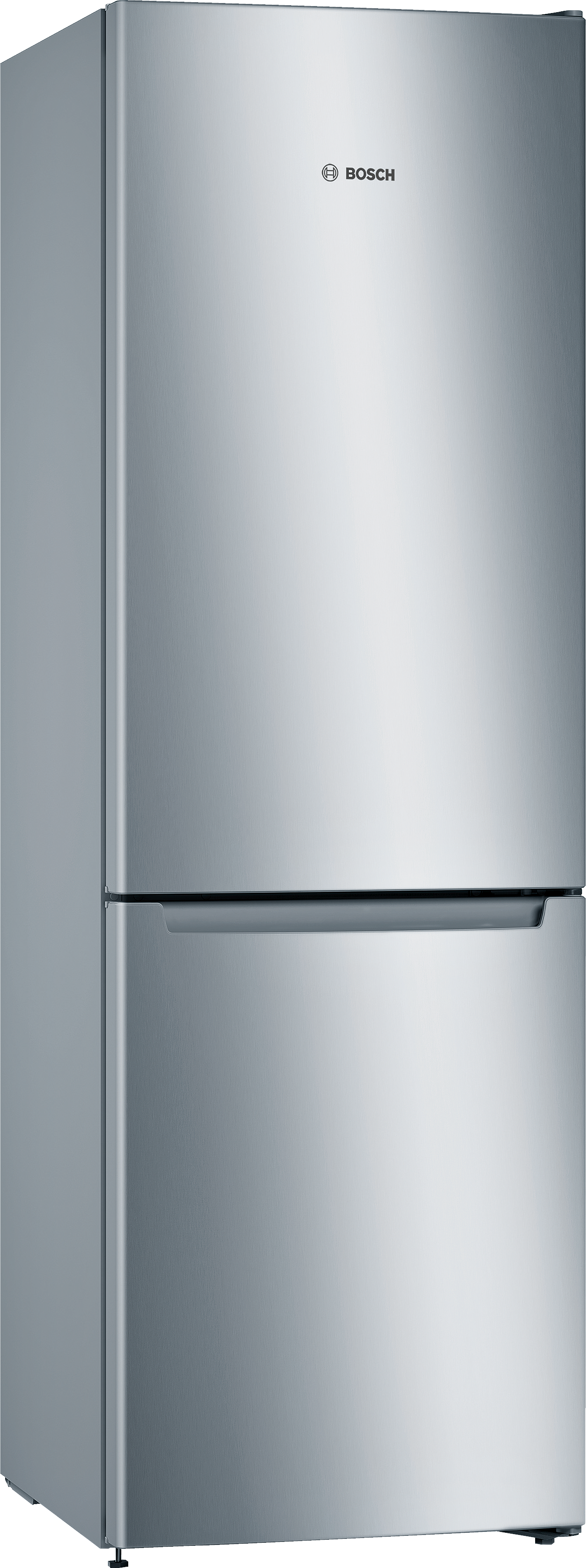 Ein silberner Bosch-Kühlschrank mit Gefrierfach unten. Klares Design mit dem Bosch-Logo.