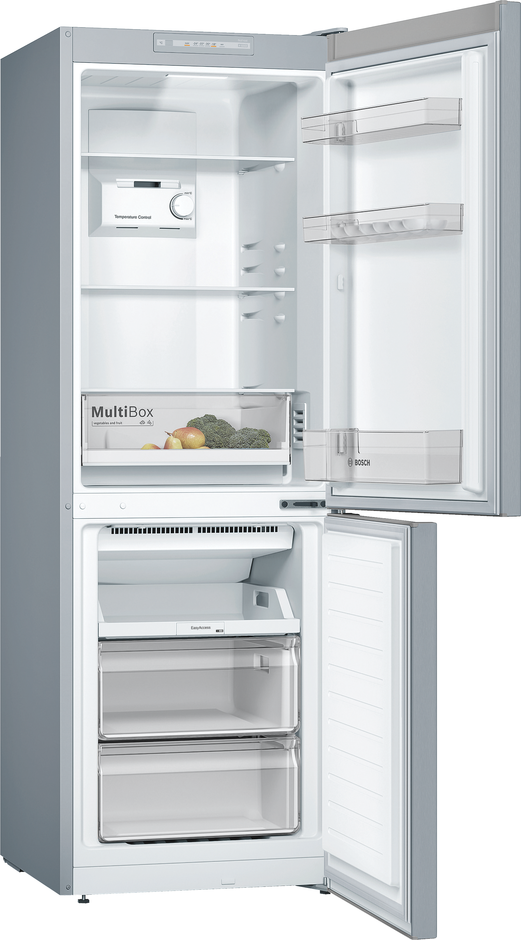 Ein Kühlschrank mit geöffneten Türen, zeigt Regale, Schubladen und Lebensmittel innen.