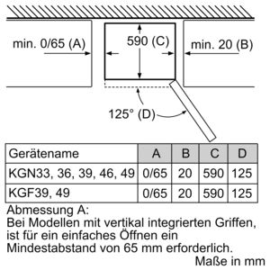 Diagramm mit Maßen für die Öffnung eines Kühlschranks in Millimetern.