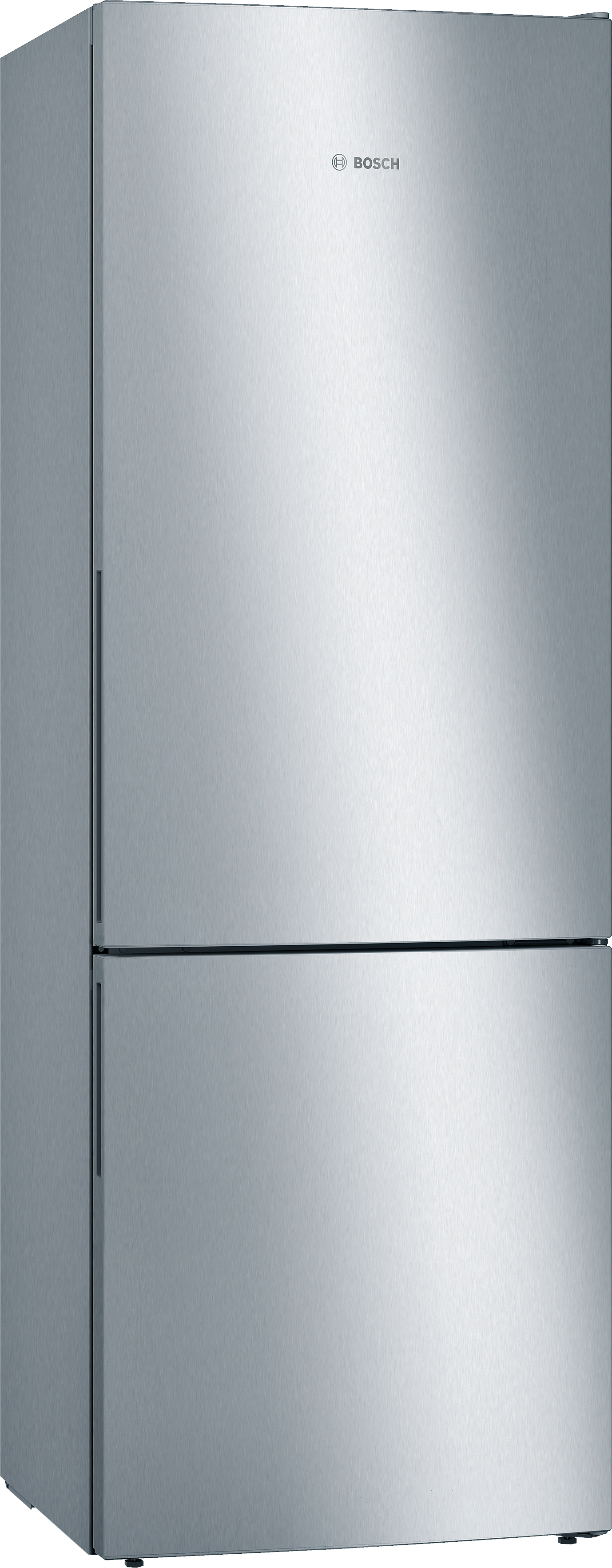 Ein hoher Kühlschrank aus Edelstahl mit zwei Türen. Die obere Tür ist geschlossen, die untere auch.