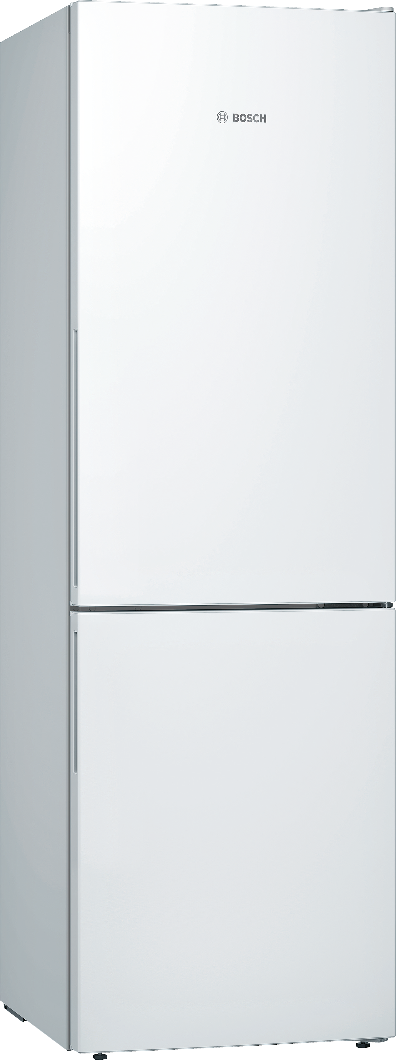 Weißer Kühlschrank mit zwei Türen, die obere kleiner. Bosch-Logo oben.