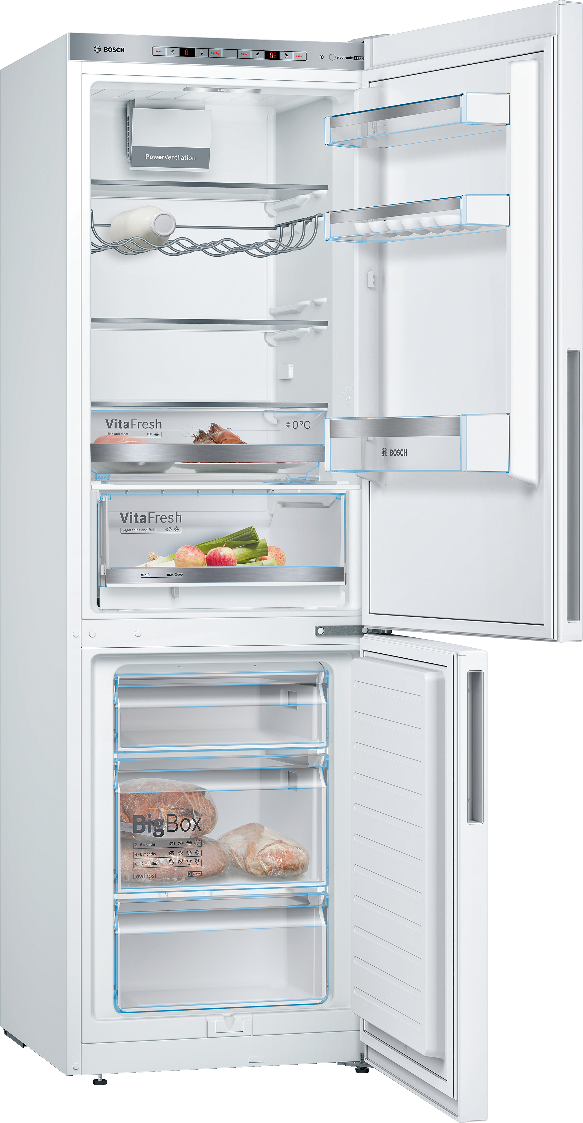 Weißer Bosch-Kühlschrank mit geöffneten Türen, Innenregalen und Fächern.