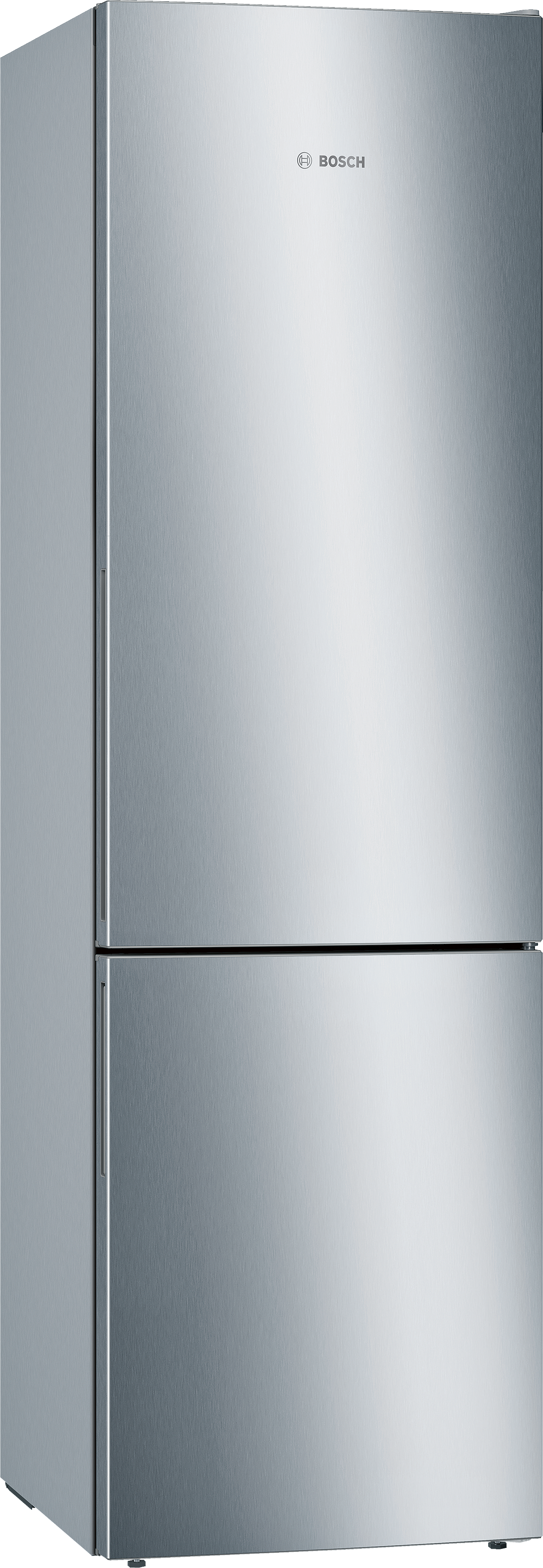 Edelstahl-Bosch-Kühlschrank. Die obere Tür ist höher als die untere. Bosch-Logo oben rechts.