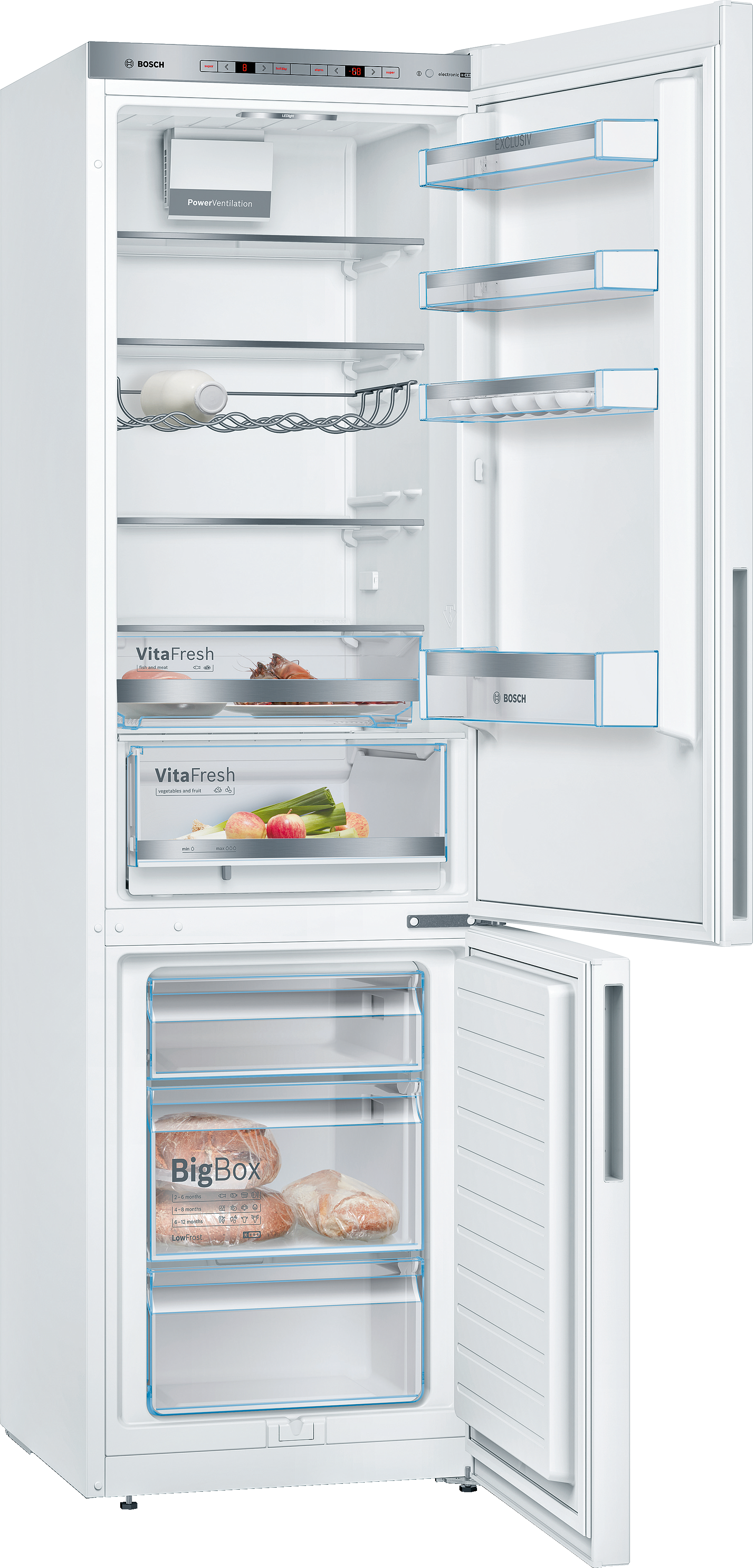 Weißer Kühlschrank mit geöffneten Türen, der Regale und Schubladen mit Lebensmitteln zeigt.