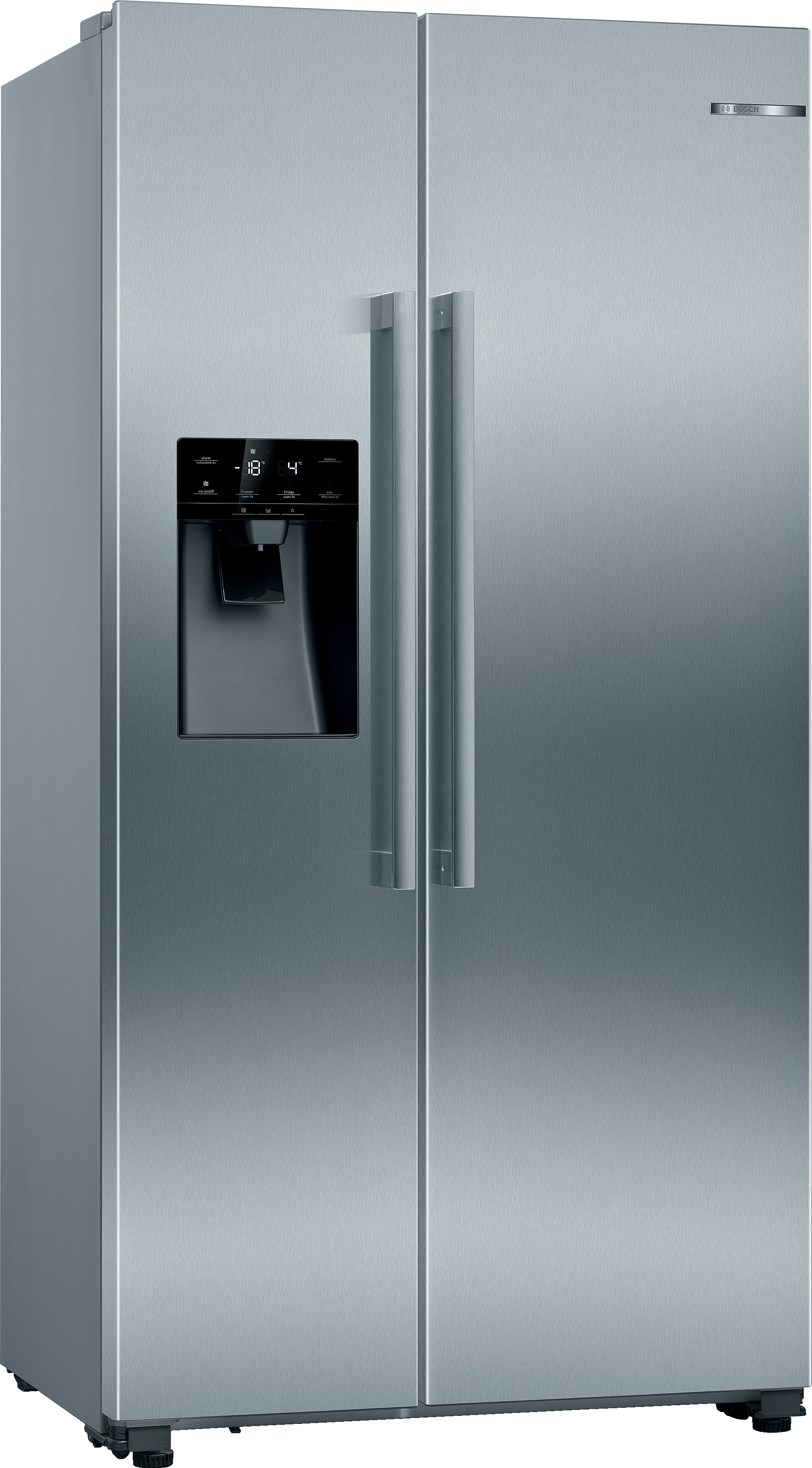 Edelstahl-Kühlschrank mit zwei Türen. Wasser- und Eisspender an der linken Tür.
