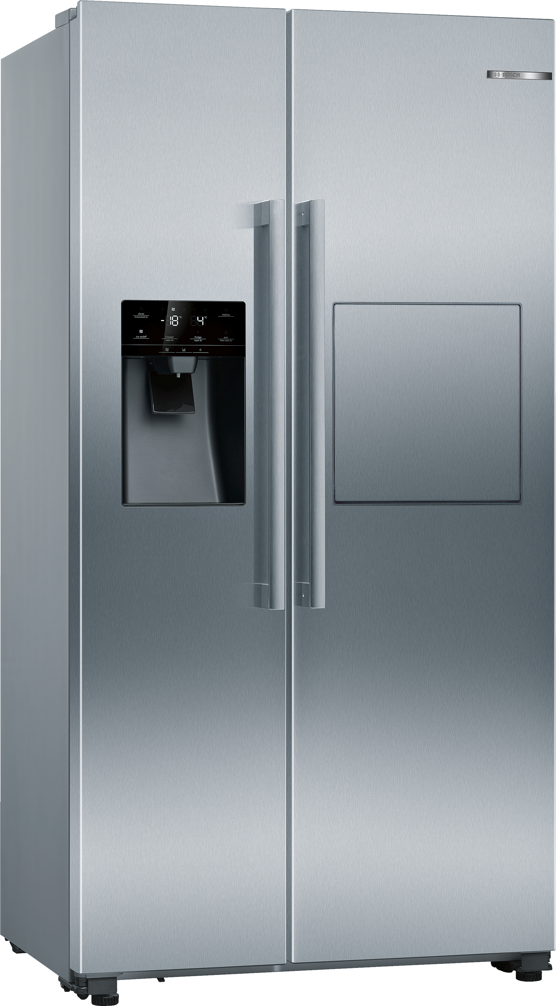 Edelstahl Side-by-Side Kühlschrank mit Wasserspender und zwei vertikalen Türen.