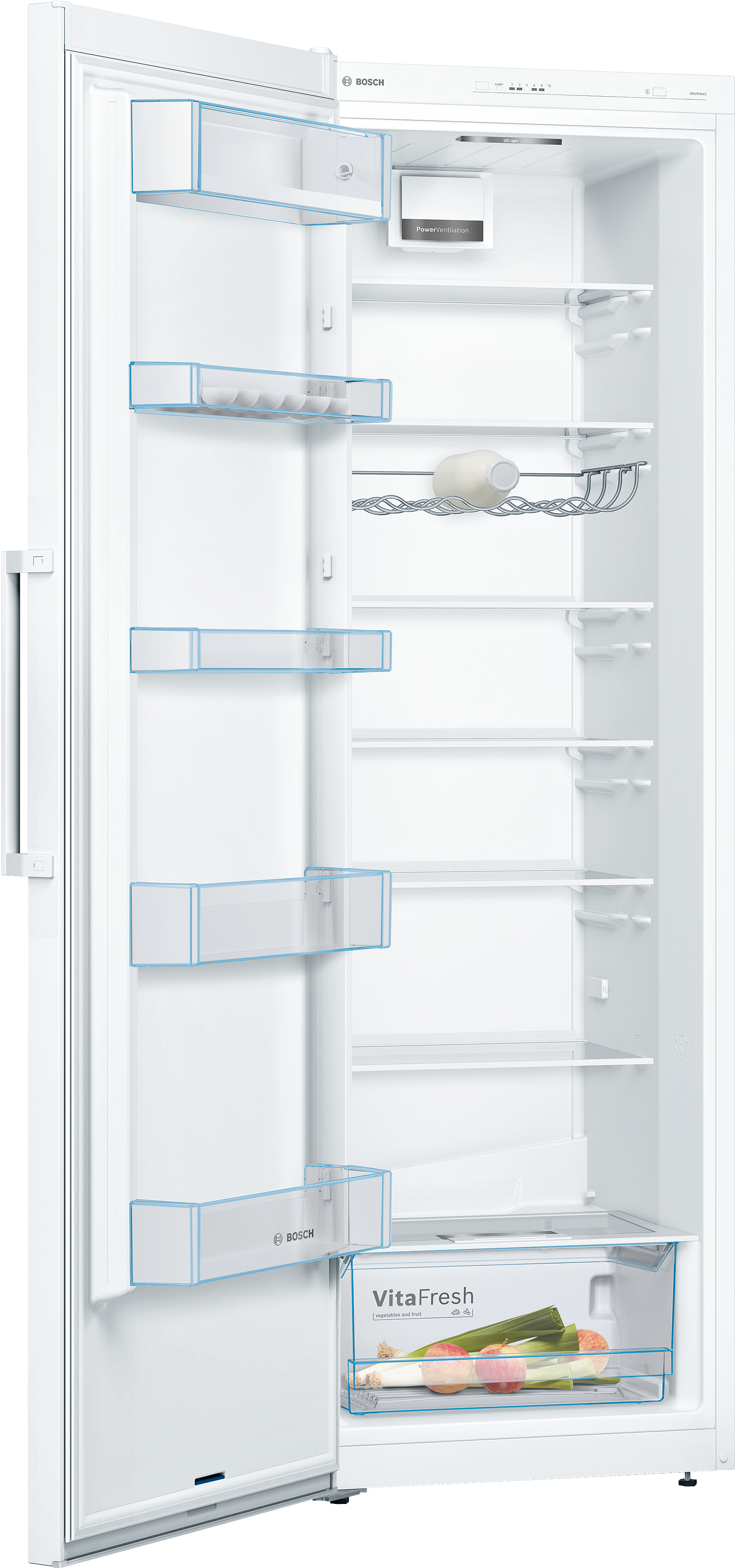 Weißer Kühlschrank mit offener Tür. Regale, Schubladen und Eieraufbewahrung sind sichtbar.