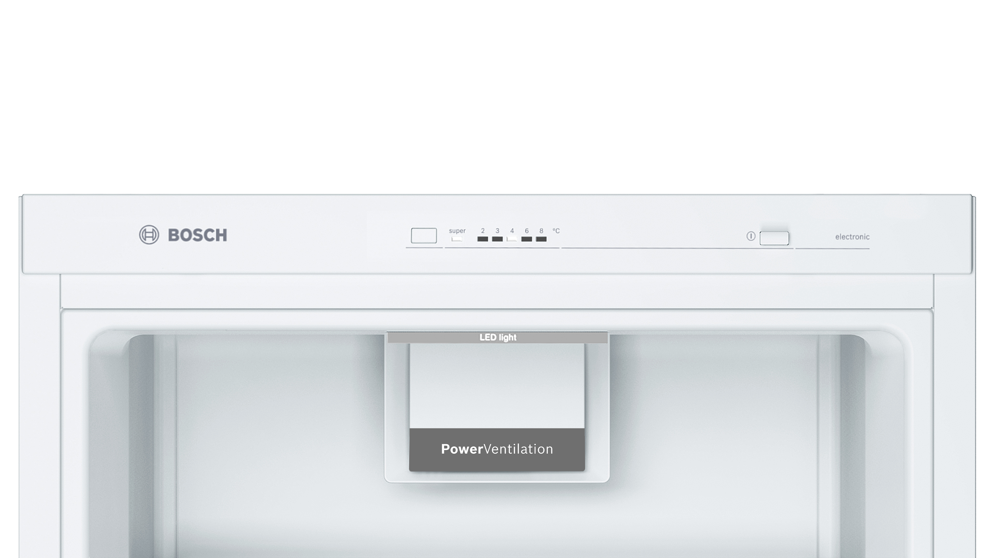Innenraum eines weißen Kühlschranks mit Temperaturreglern und LED-Licht.