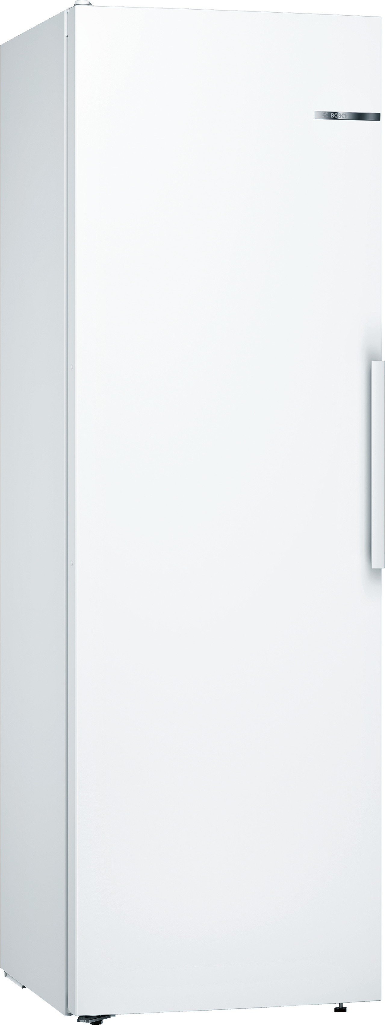 Hoher weißer Kühlschrank, geschlossen. Einfaches Design, weißer Griff, weißer Hintergrund.