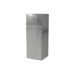 Silberner Kühlschrank auf weißem Hintergrund. Klassisches Design mit oberen und unteren Fächern.