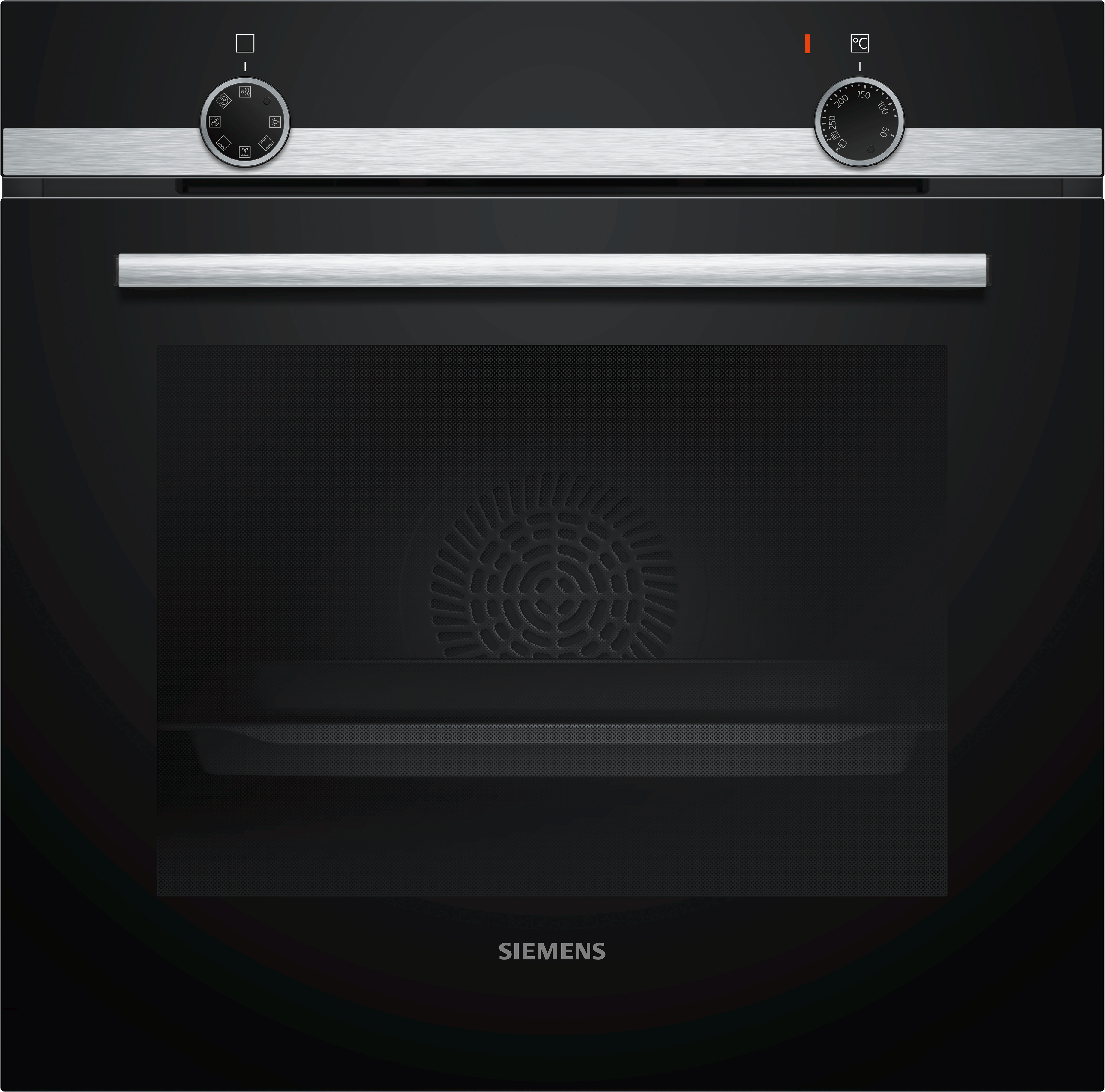 Schwarzer Siemens-Backofen mit zwei Bedienknöpfen und einem zentralen Fenster. Der Ofen ist dunkel, mit Lüfter innen.