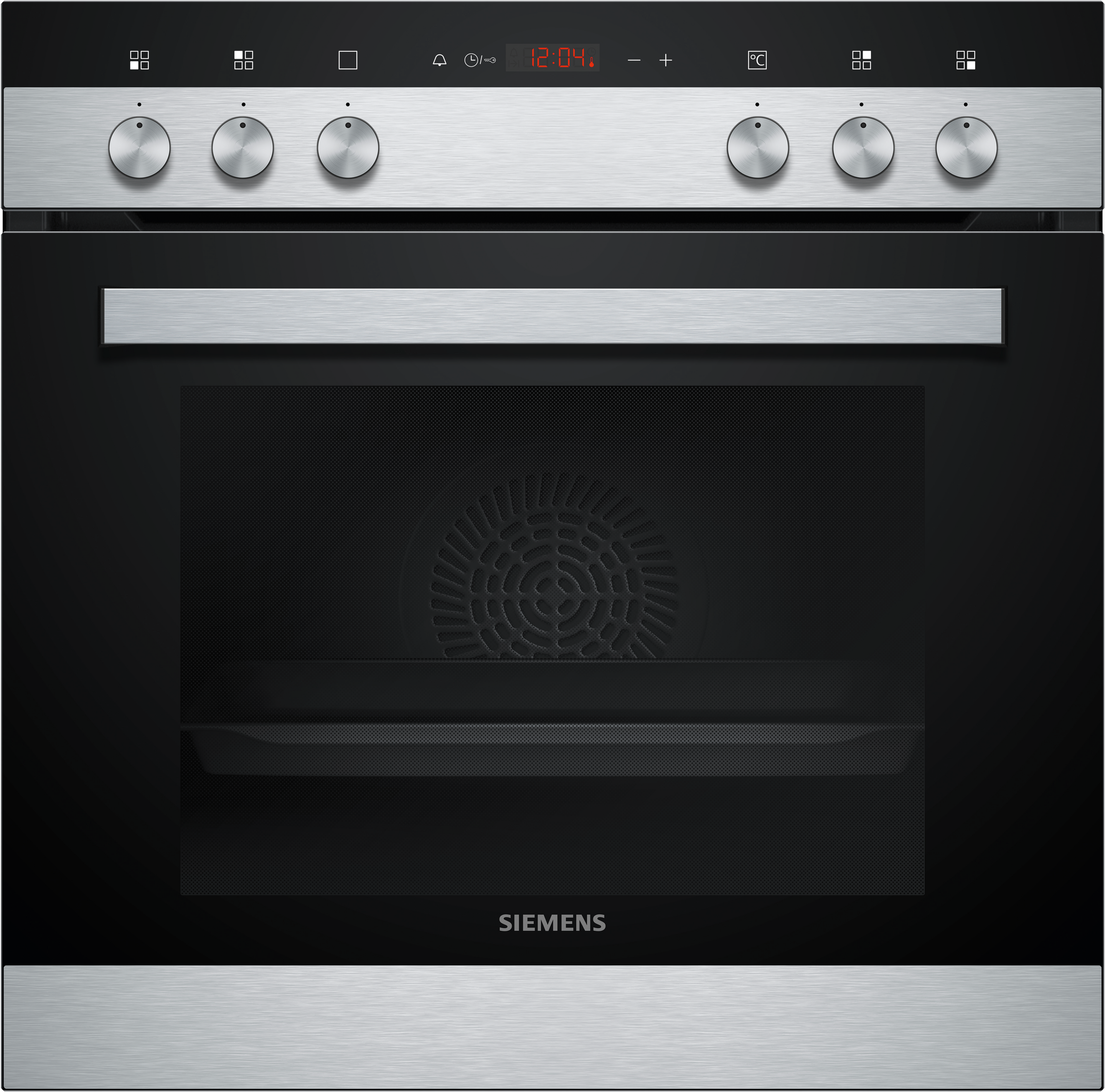 Backofen mit Digitaluhr und Bedienelementen. Hat eine schwarze Tür und Edelstahl-Finish, Siemens-Logo.