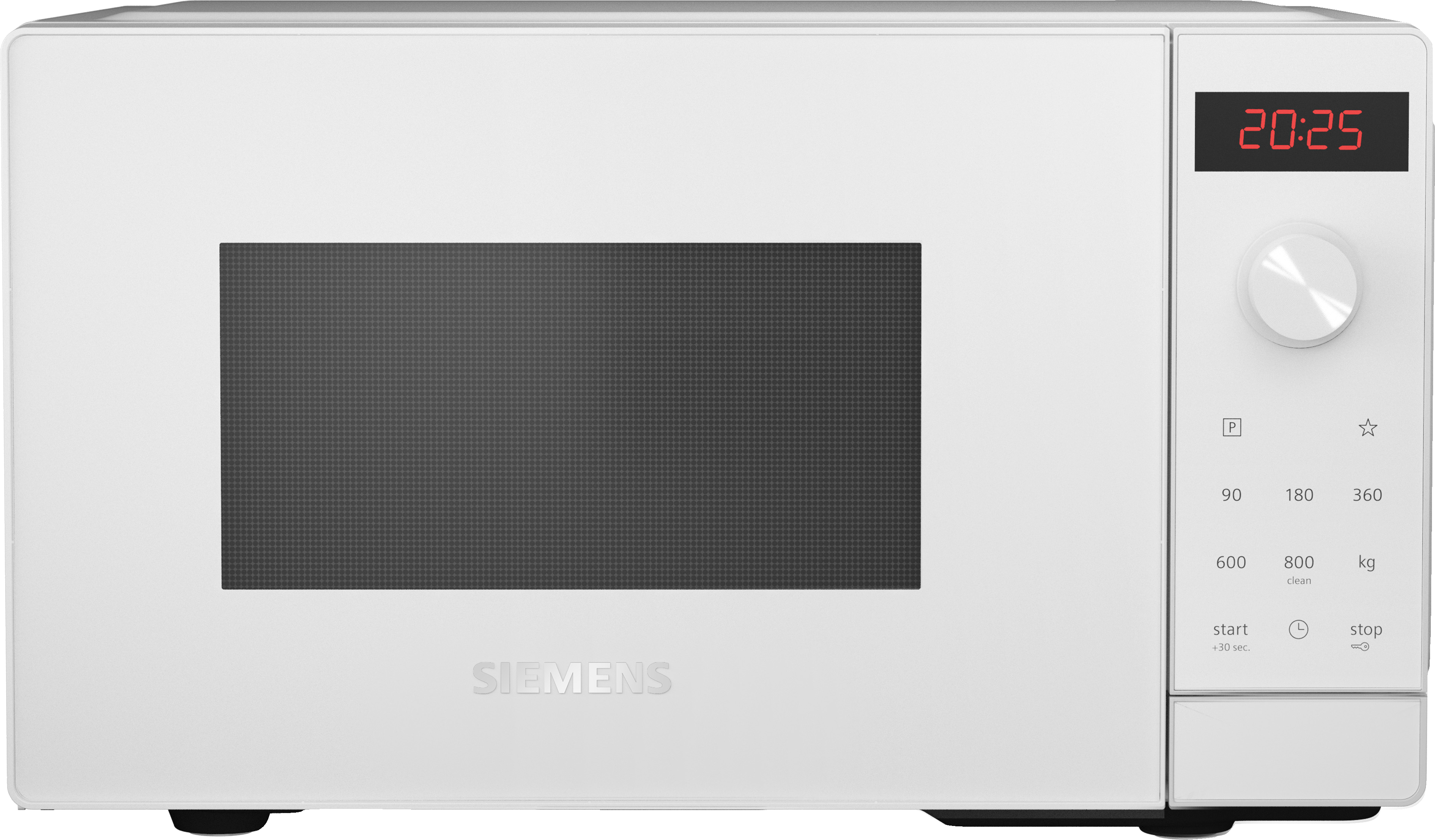 Weißer Siemens-Mikrowellenherd, der die Zeit auf dem Display anzeigt.