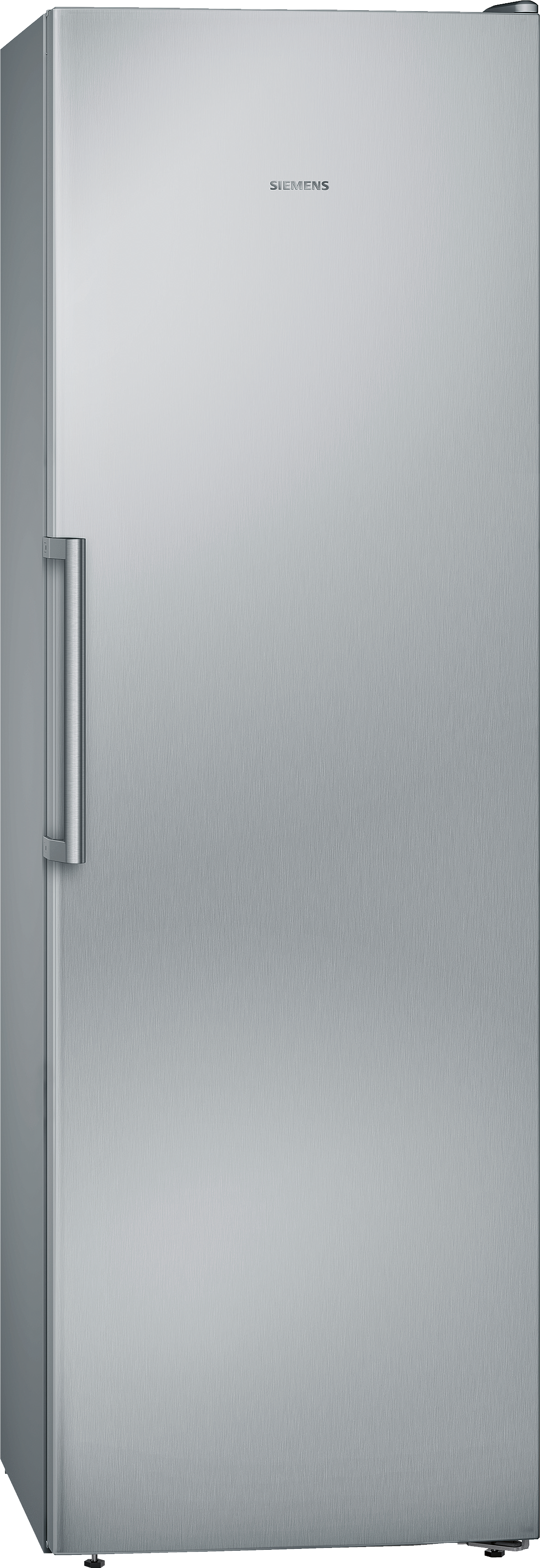 Hoher, geschlossener Kühlschrank aus Edelstahl mit vertikalem Griff.