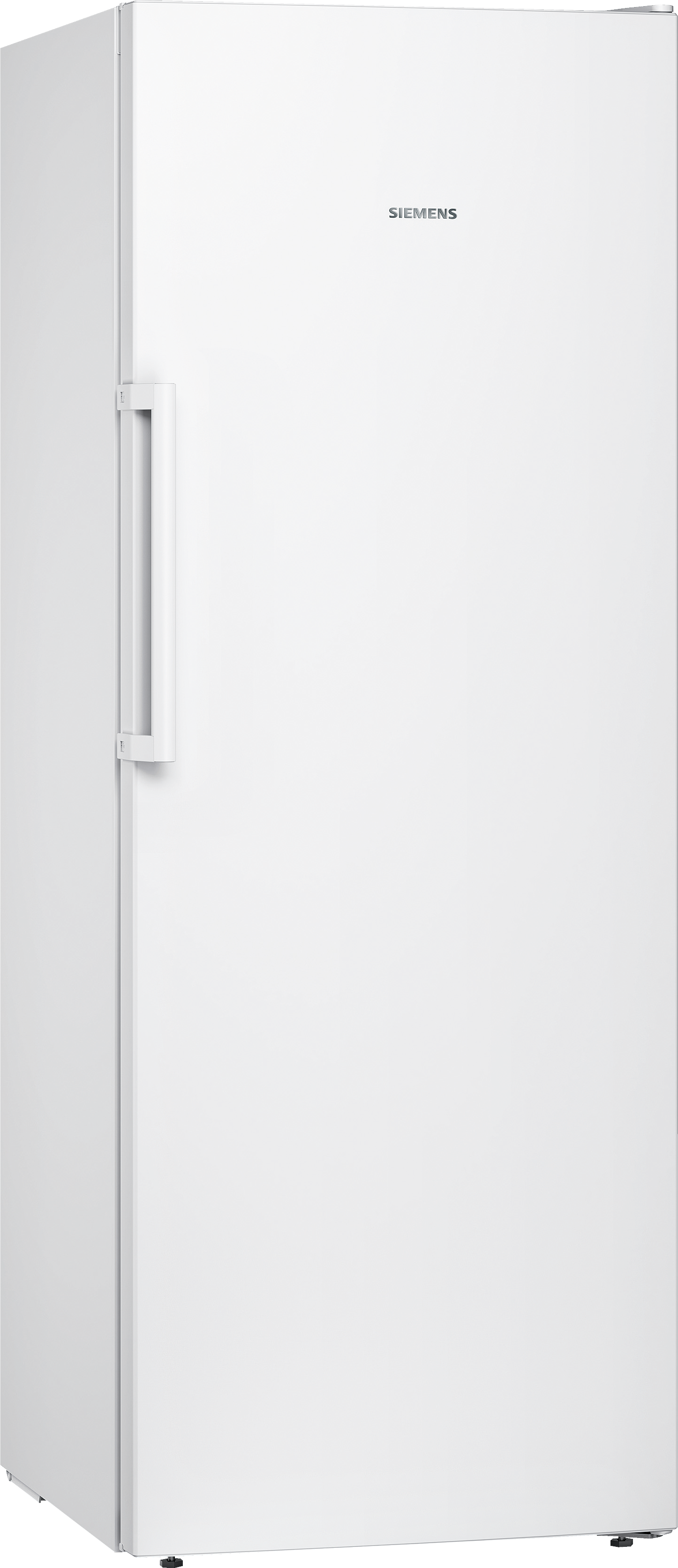Weißer Kühlschrank mit einer Tür und Griff auf der linken Seite, geschlossen.