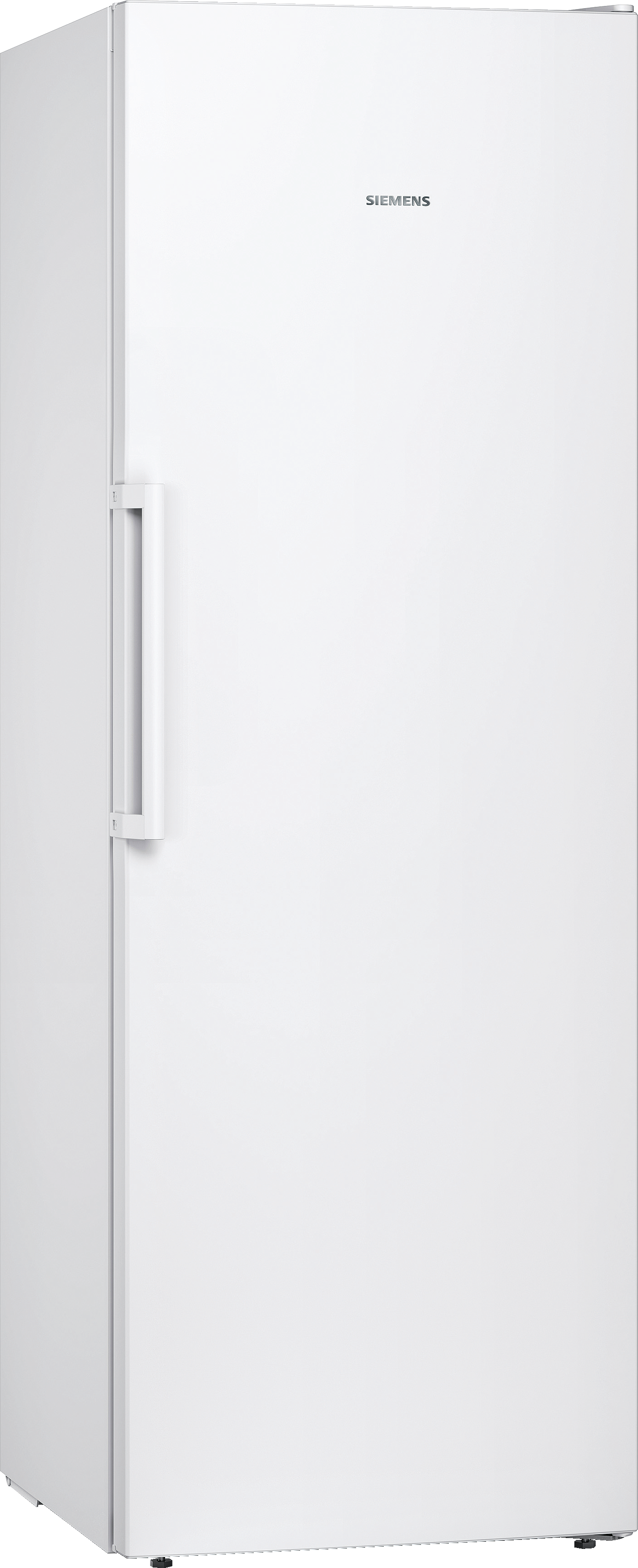Ein weißer Siemens-Kühlschrank, der allein steht. Er hat einen Griff auf der linken Seite.