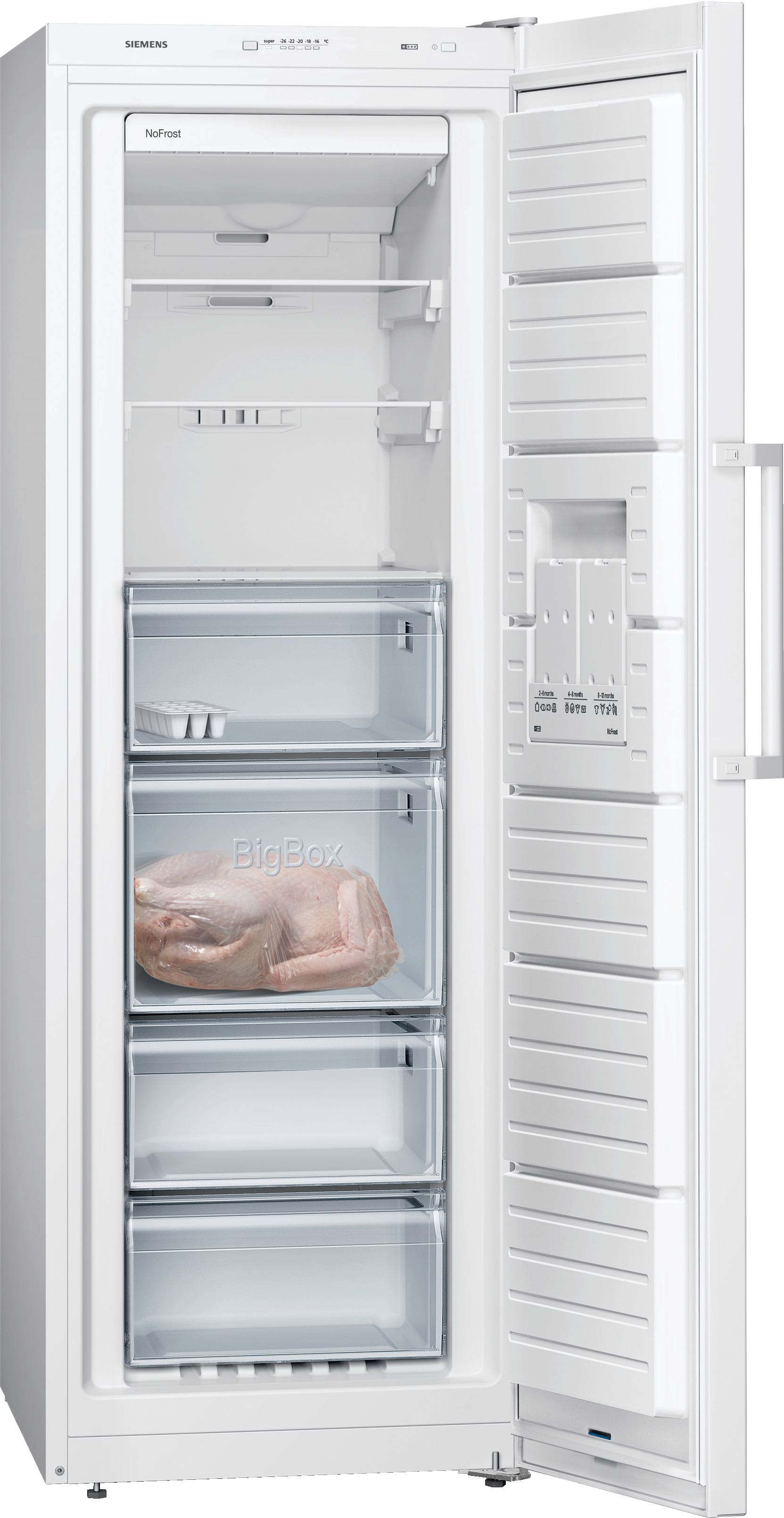 Weißer Kühlschrank mit offener Tür. Innen Schubladen und Regale. Ein gefrorener Truthahn ist sichtbar.