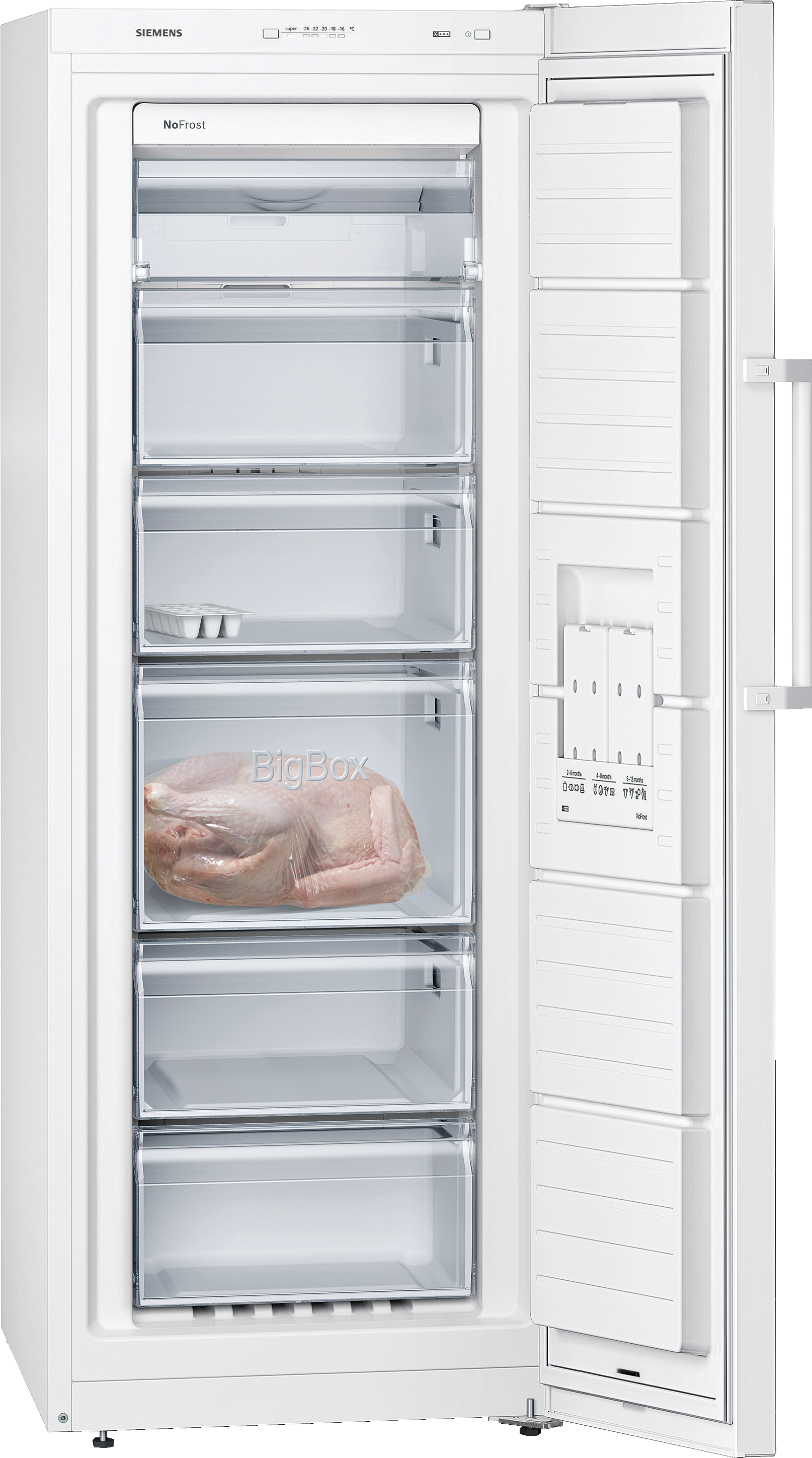 Weißer Gefrierschrank mit offener Tür, Schubladen, BigBox und ganzem Huhn innen.