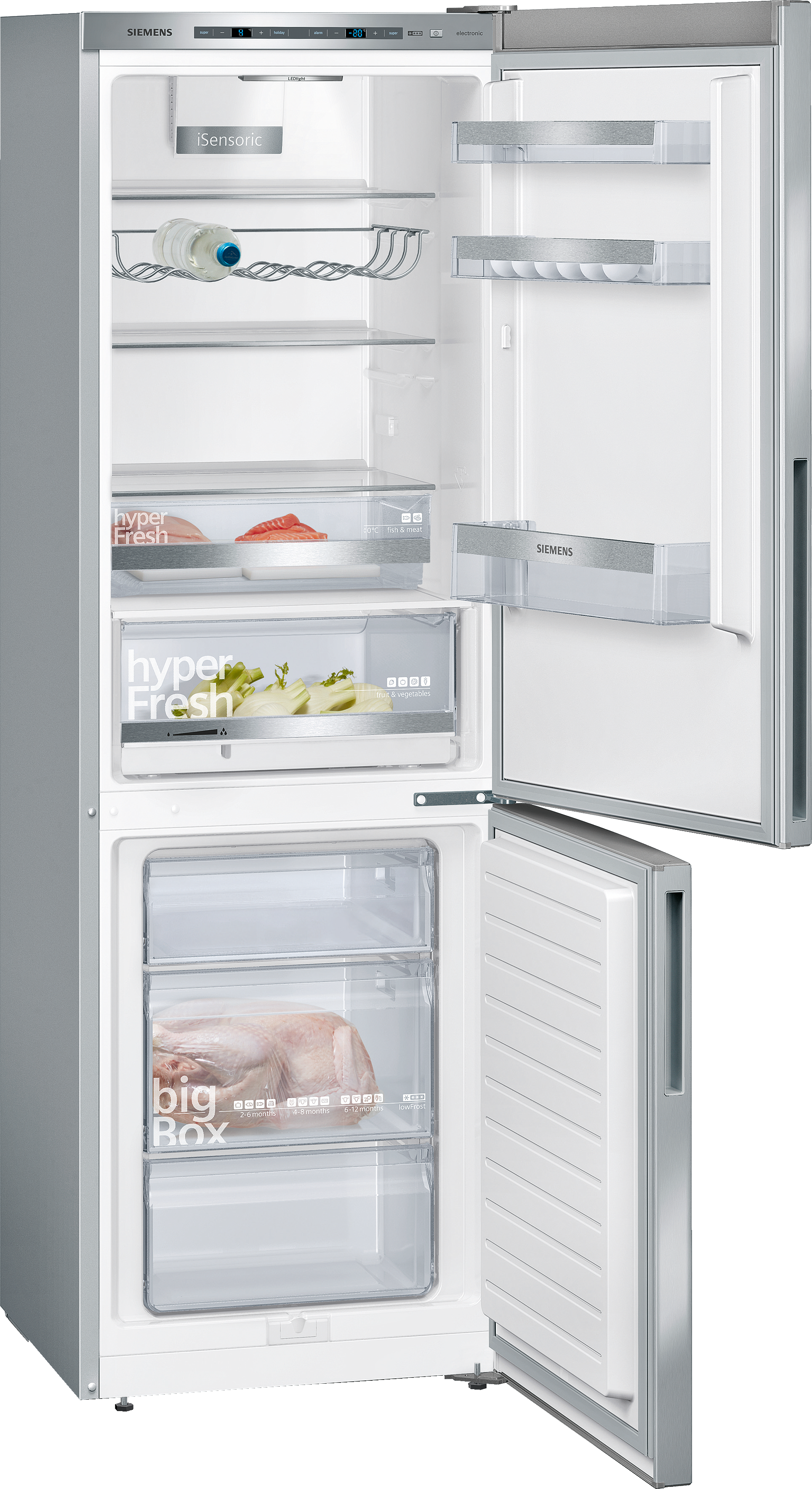Ein Kühlschrank mit offener Tür, zeigt Regale, Schubladen und Inhalt, zusammen mit einem Gefrierfach.