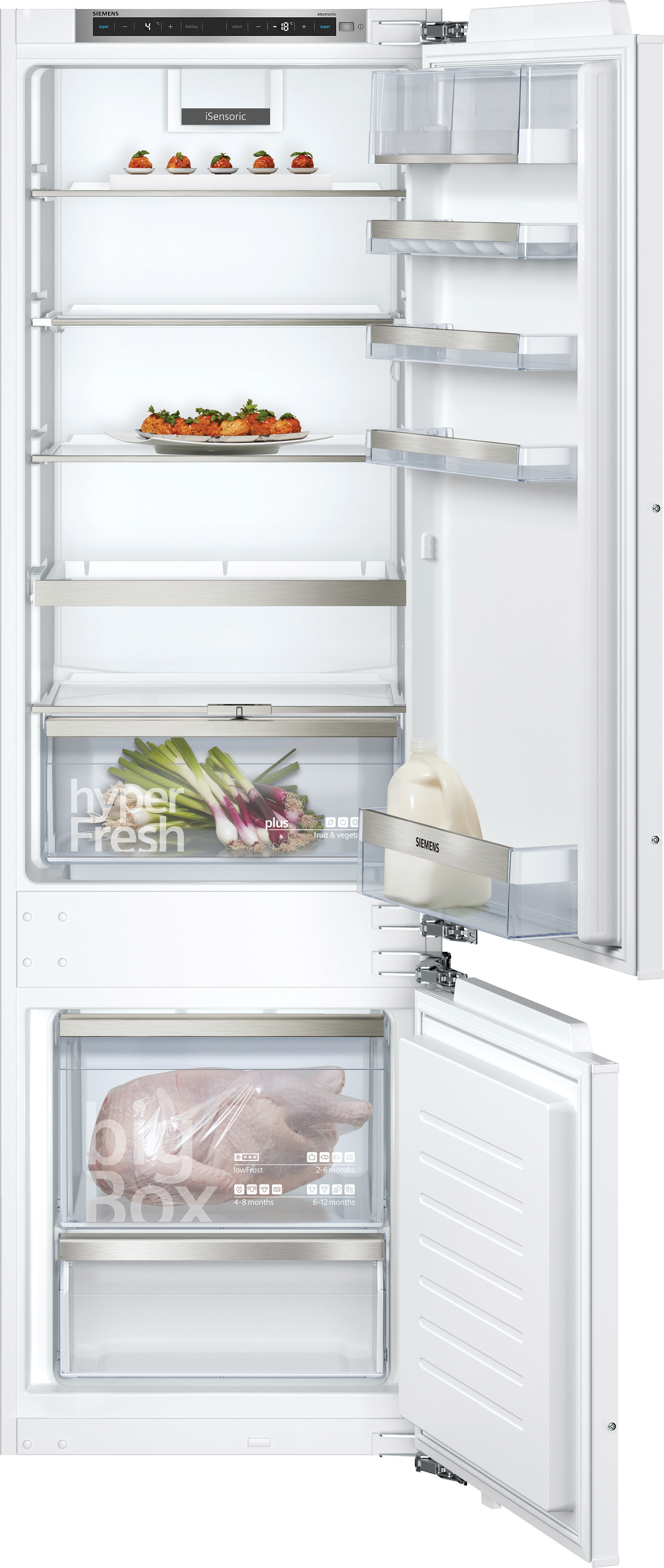 Geöffneter weißer Kühlschrank mit Regalen, Lebensmitteln und einer Gefrierschublade.