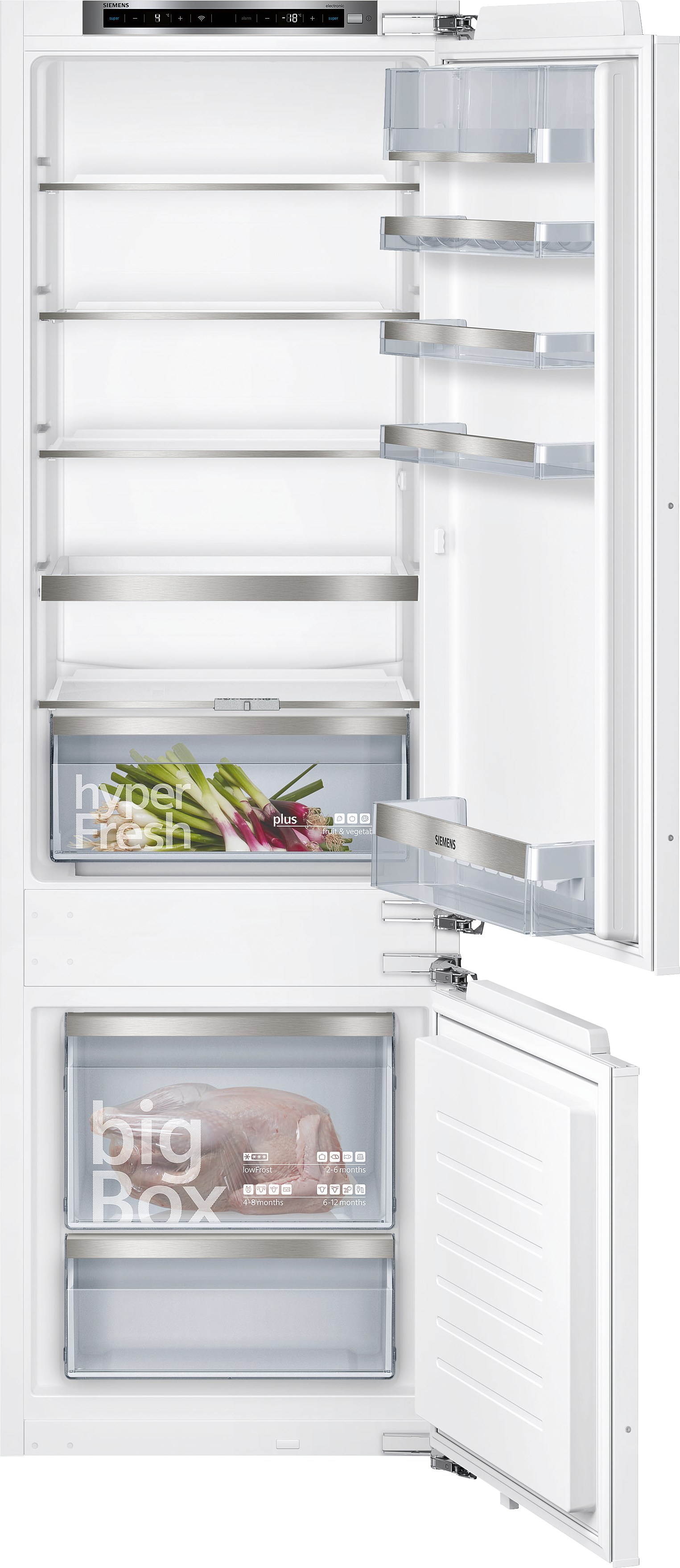 Weißer Kühlschrank mit offenen Türen. Frische Produkte in einer Schublade sichtbar.