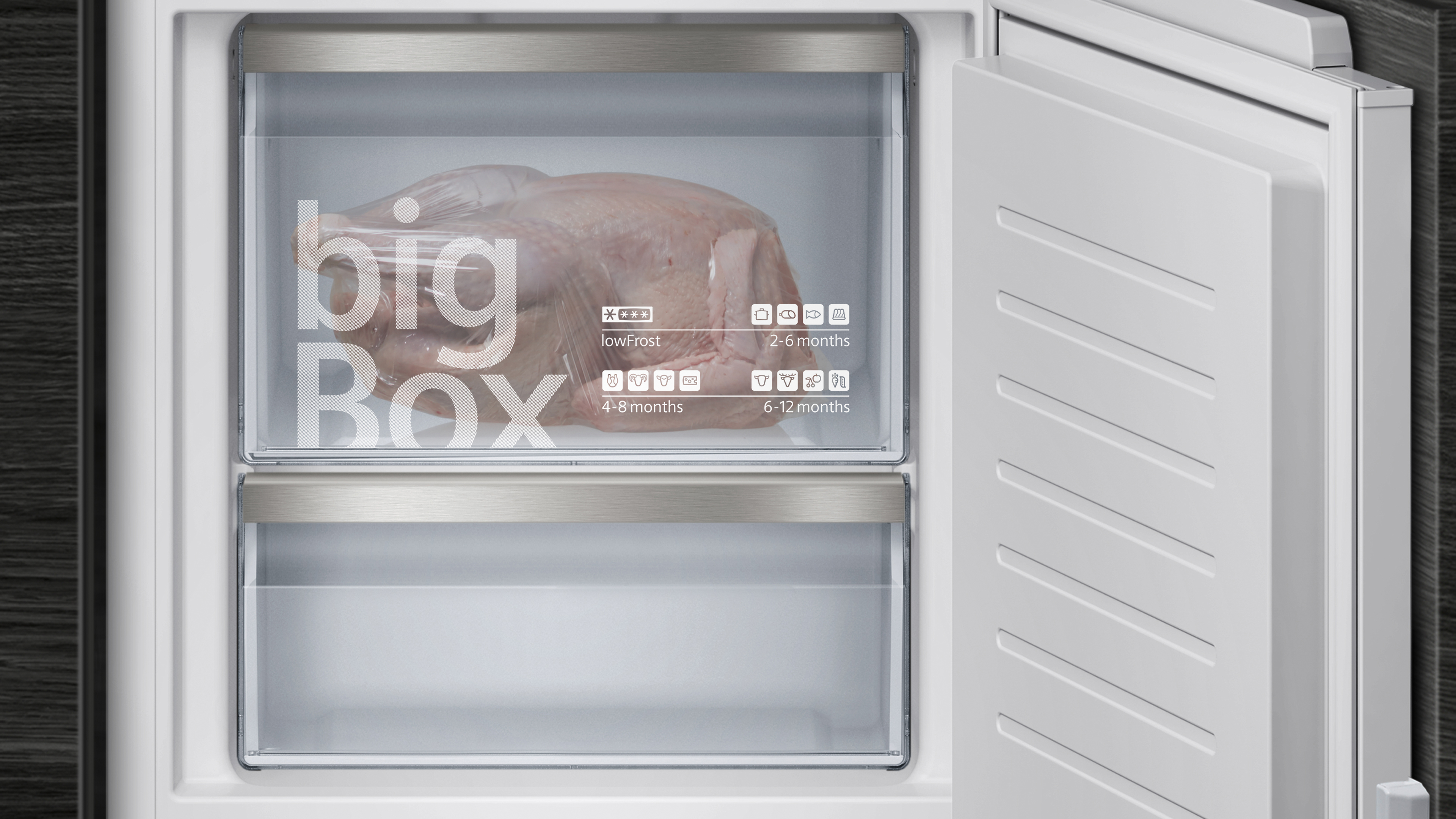 Kühlschrank, Big-Box-Schublade mit einem Huhn.