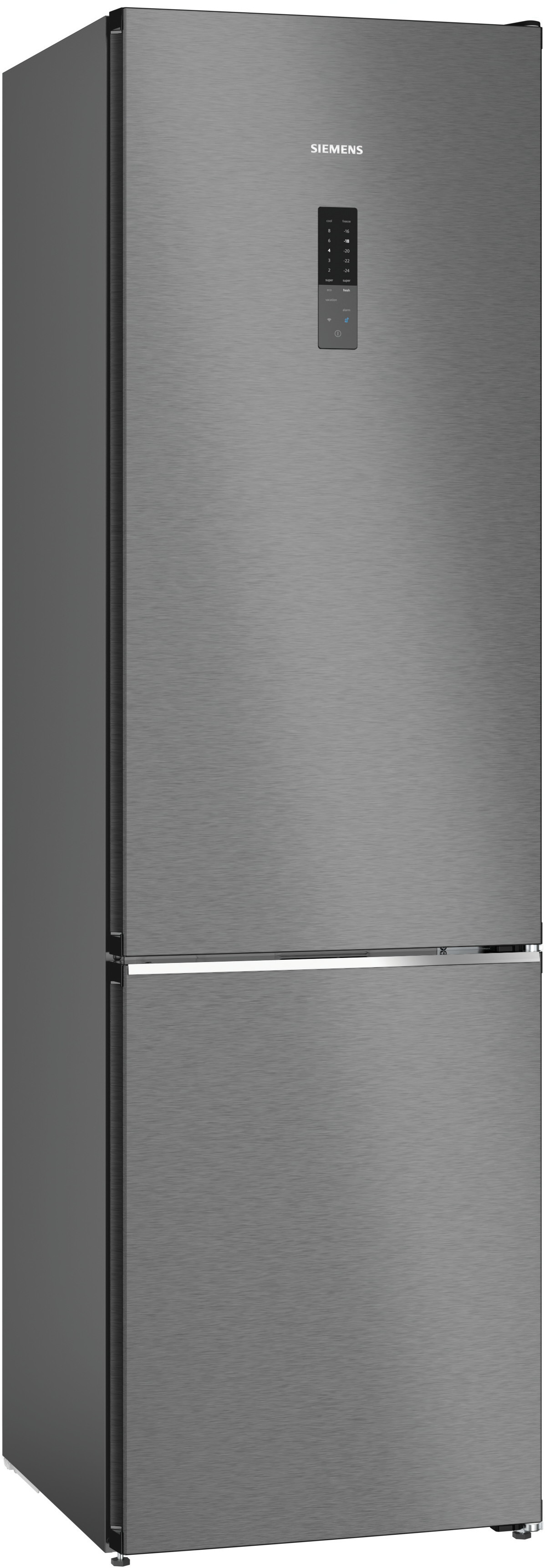 Ein Edelstahlkühlschrank mit dunkelgrauer Oberfläche.