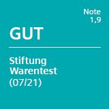 Ein türkis farbenes Quadrat mit dem Wort GUT und dem Logo von Stiftung Warentest.