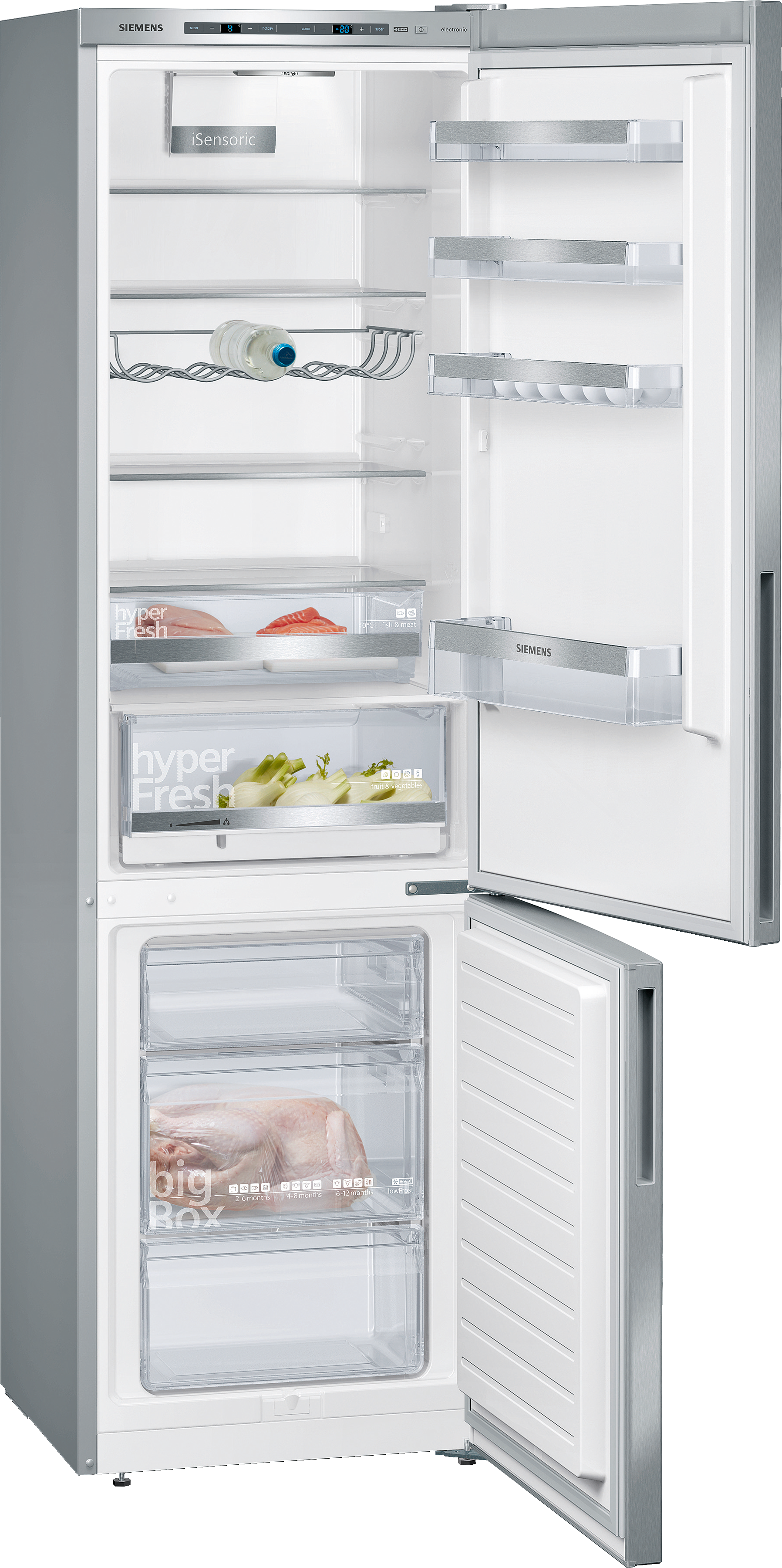 Offener Kühlschrank mit Regalen und Gefrierschublade mit Tiefkühlkost.
