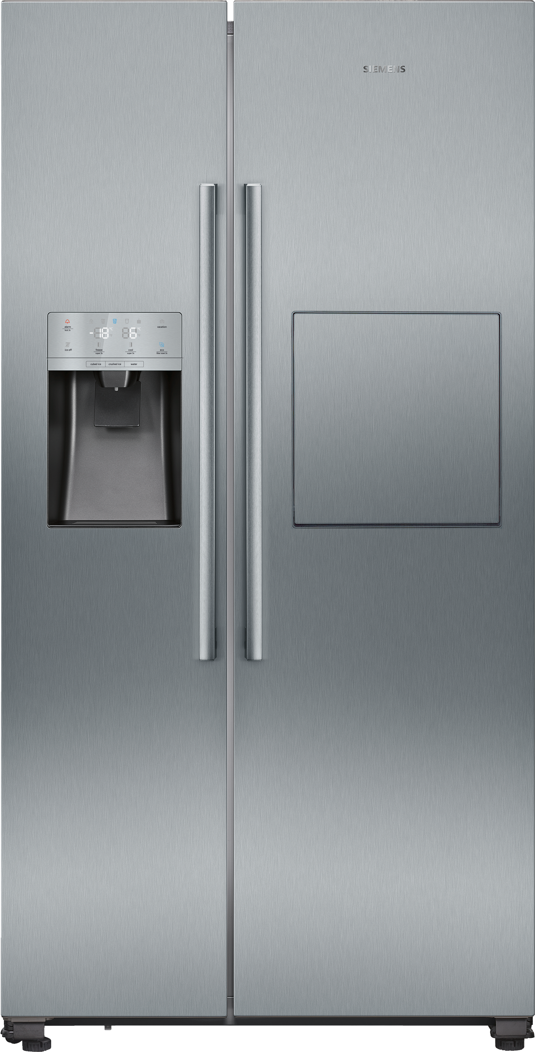 Ein Kühlschrank aus Edelstahl mit zwei Türen und einem Wasserspender.
