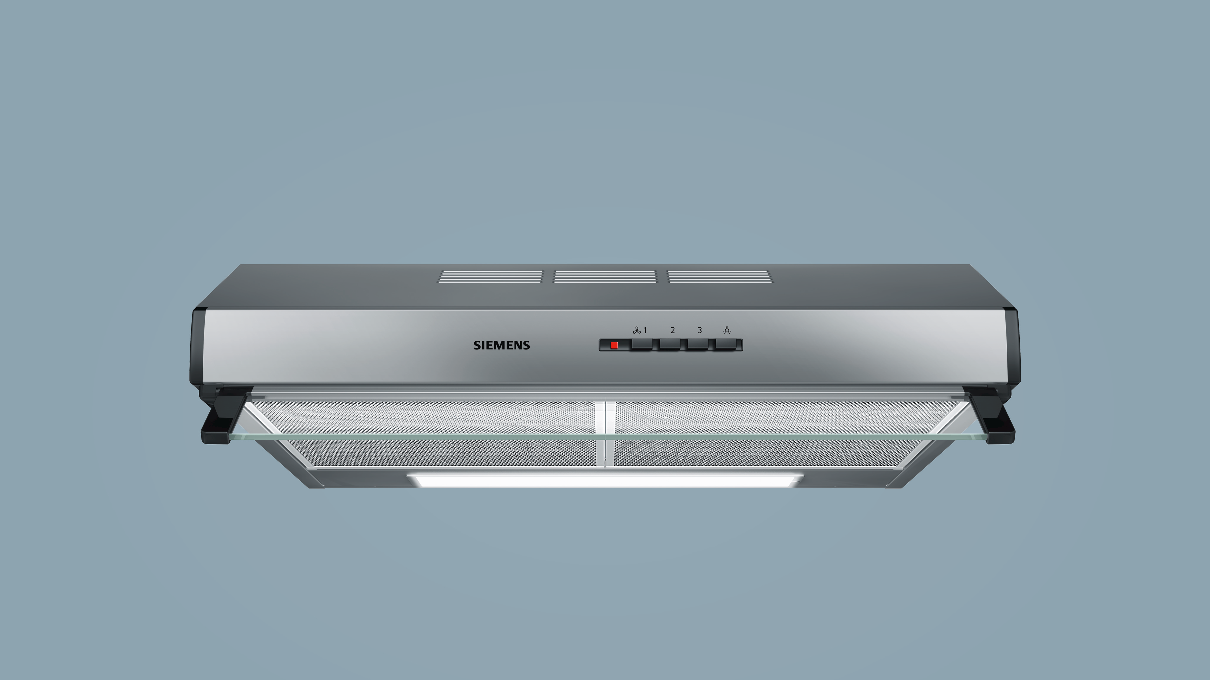 Silberne Siemens-Dunstabzugshaube mit Bedienelementen und Glasfilter.