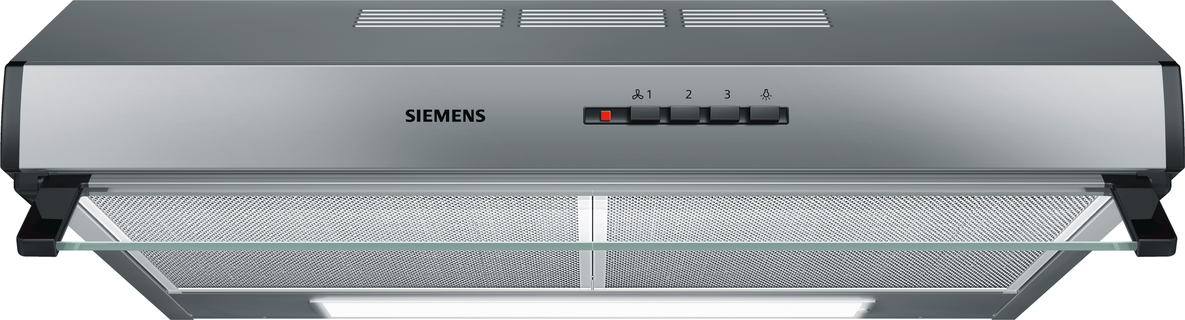 Silberne Dunstabzugshaube mit Bedienelementen und Gitterfilter. Siemens-Marke oben.