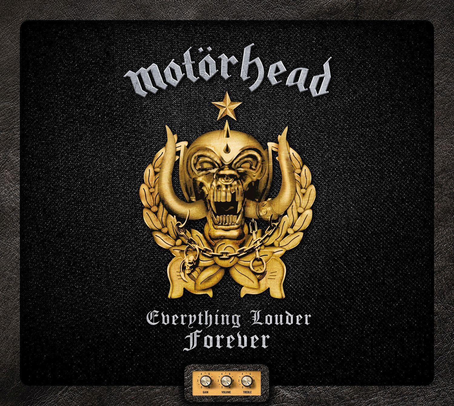 Albumcover mit dem Motörhead-Logo, einem Totenkopf und dem Text „Everything Louder Forever“.