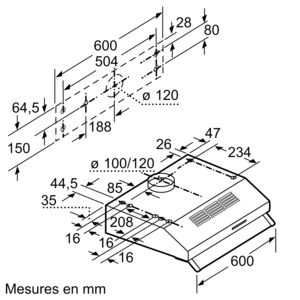 Diagram van een afzuigkap, met afmetingen en metingen in millimeters.
