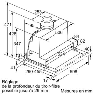Technical drawing of a kitchen hood, with dimensions and details labeled in mm.