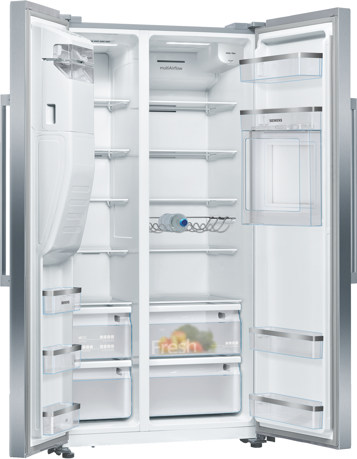 Side-by-Side-Kühlschrank geöffnet, mit Regalen, Schubladen und Aufbewahrungsbehältern.