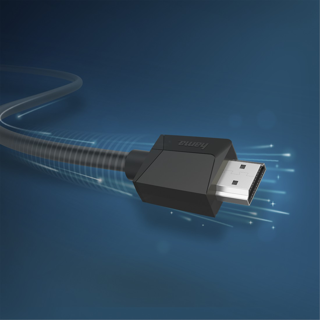 Ein HDMI-Kabel mit einem schwarzen Stecker auf blauem Hintergrund mit Lichtern.