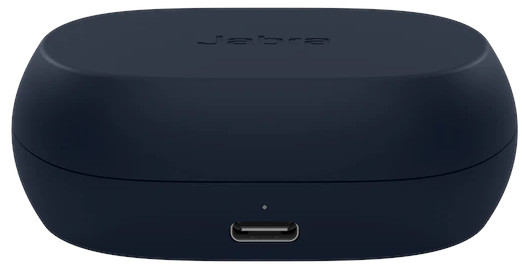Étui de chargement pour écouteurs Jabra bleu foncé avec port USB-C.